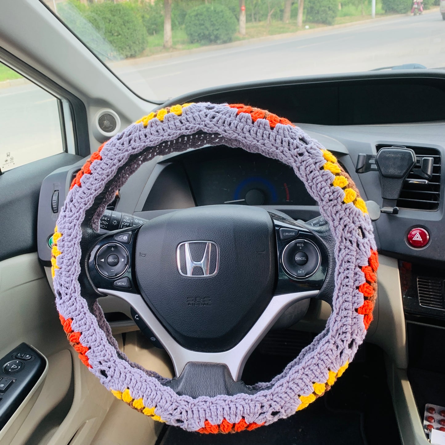 Steering Wheel Cover for women, Crochet Grey flower seat belt Cover, Car Accessories decorations