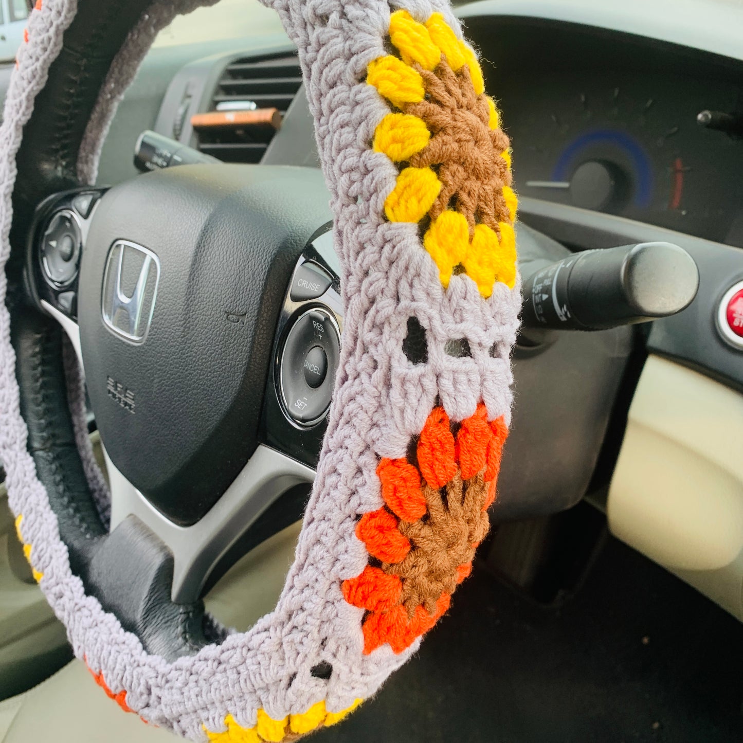 Steering Wheel Cover for women, Crochet Grey flower seat belt Cover, Car Accessories decorations