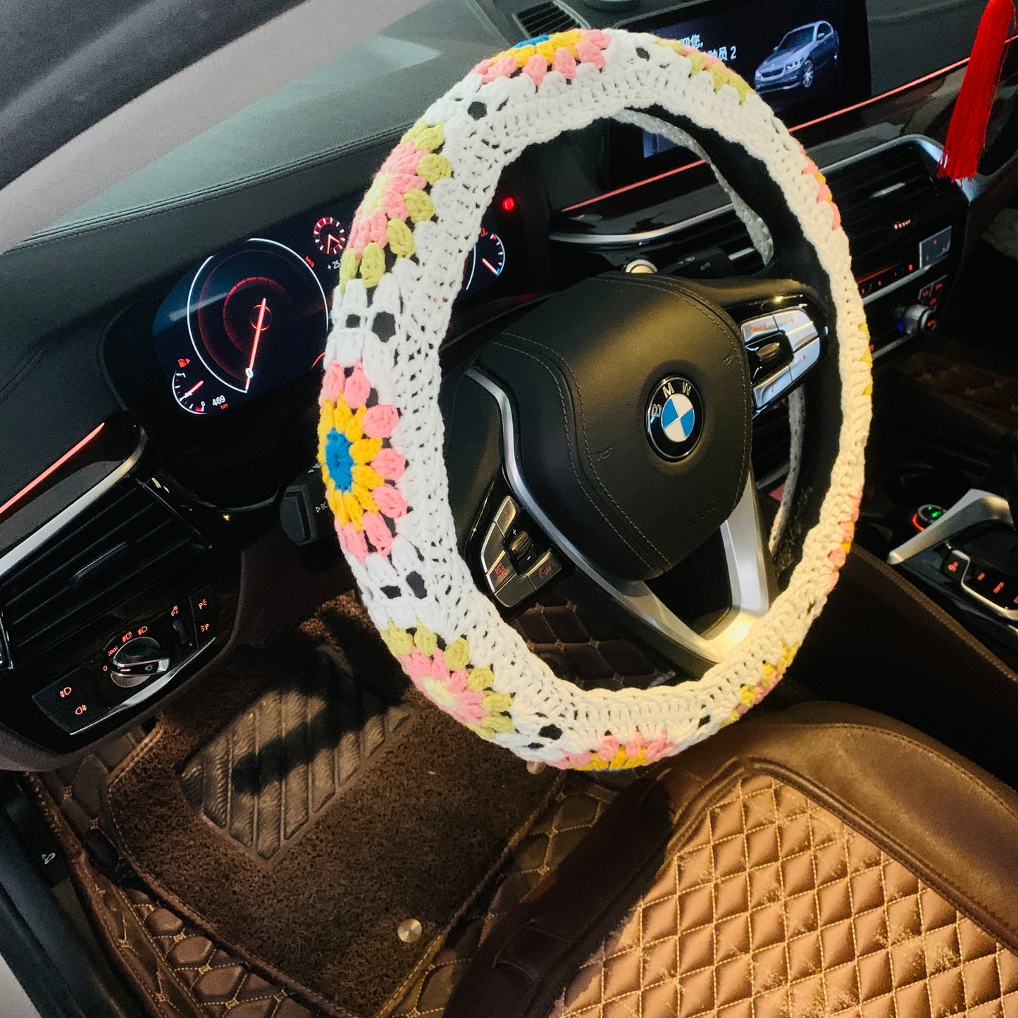 Steering Wheel Cover for women, cute Crochet flower seat belt Cover, Car Accessories decorations Gift for her