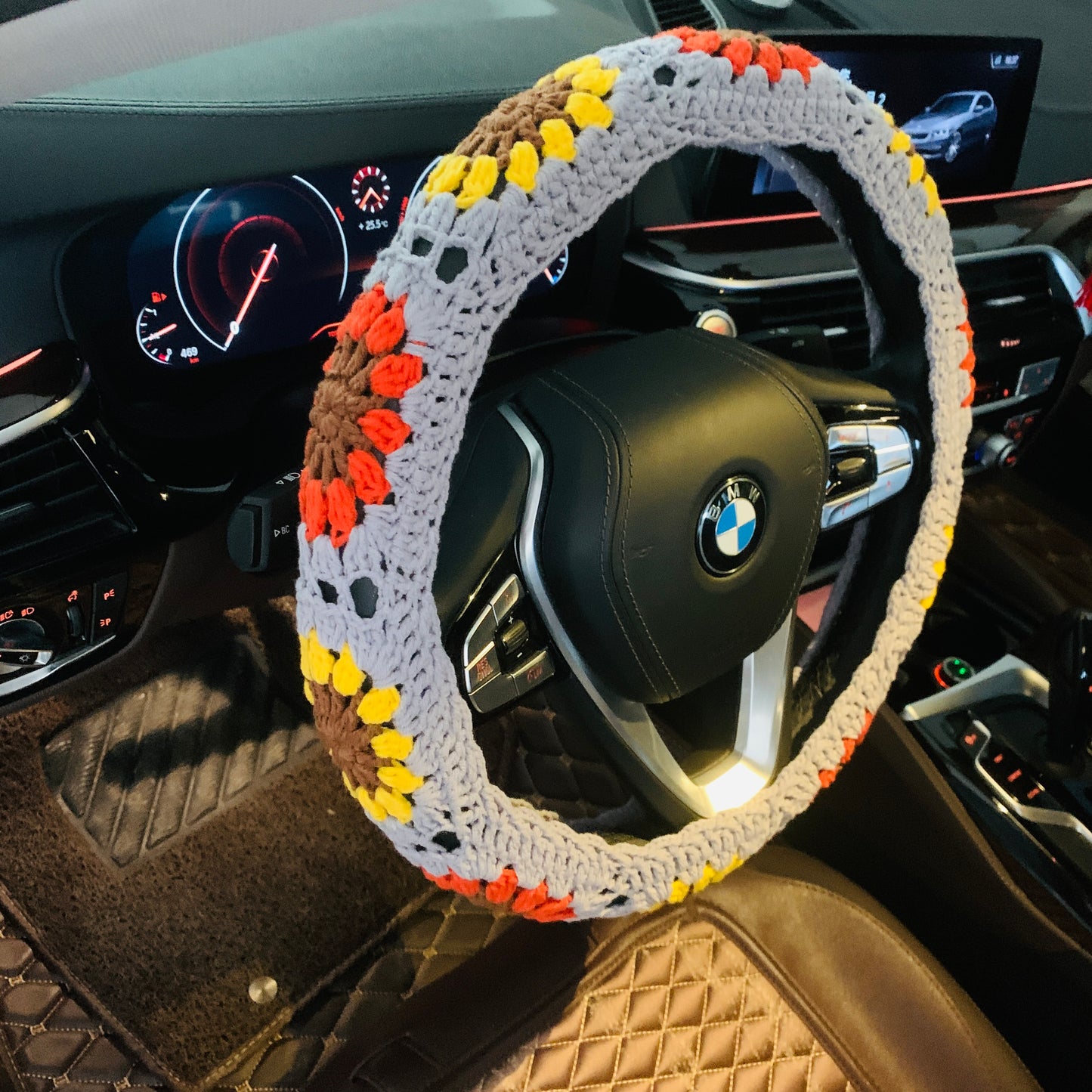 Steering Wheel Cover for women, Crochet Grey flower seat belt Cover, Car Accessories decorations