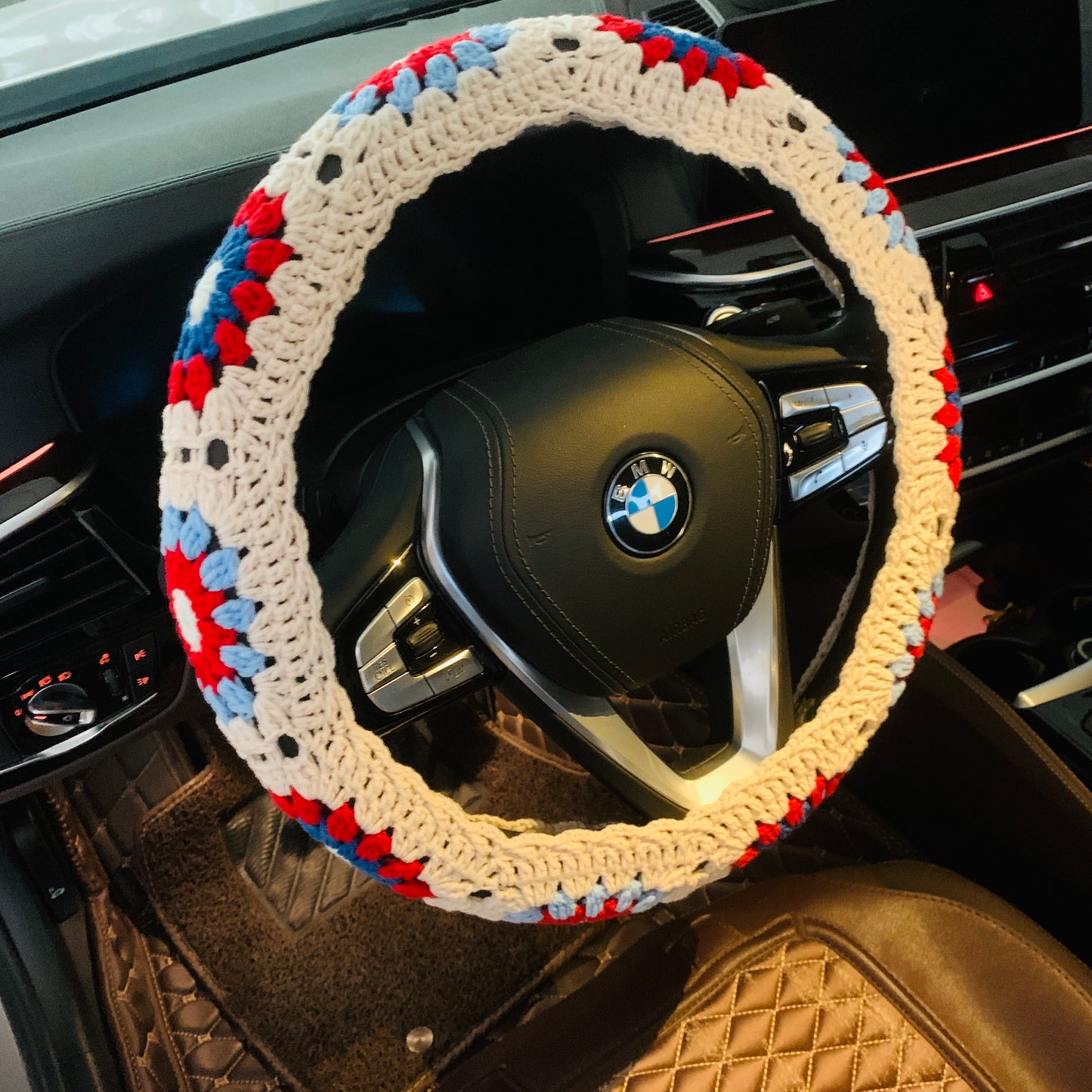 Steering Wheel Cover for women, Crochet Beige flower seat belt Cover, Car Accessories decorations