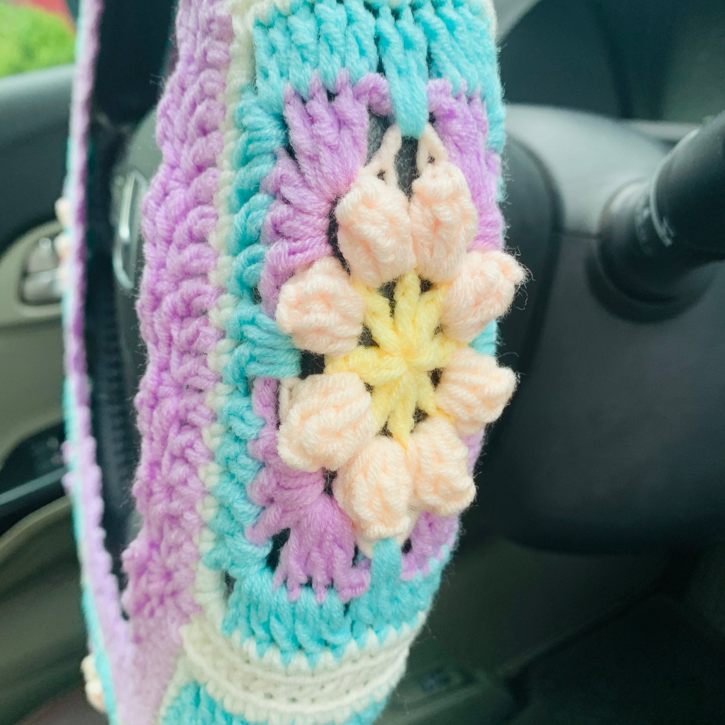 Handmade crochet Steering Wheel Cover for women, cute purple daisy flower seat belt Cover, Car interior Accessories decorations