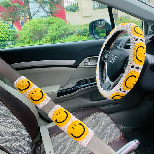 Handmade crochet Steering Wheel Cover for women, cute smiling face flower seat belt Cover, Car interior Accessories decorations