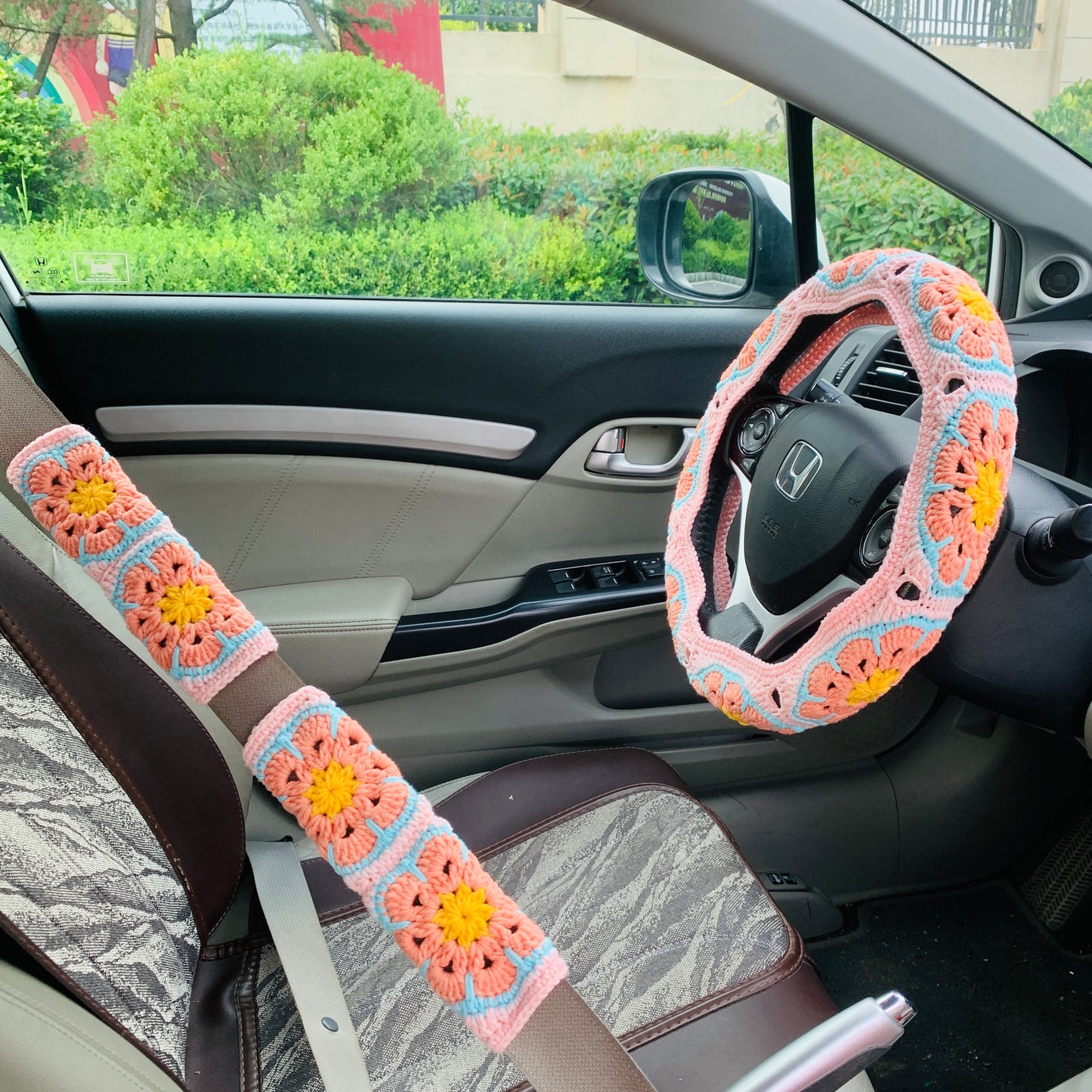 Handmade crochet Steering Wheel Cover for women, cute Galsang flower seat belt Cover, Car interior Accessories decorations