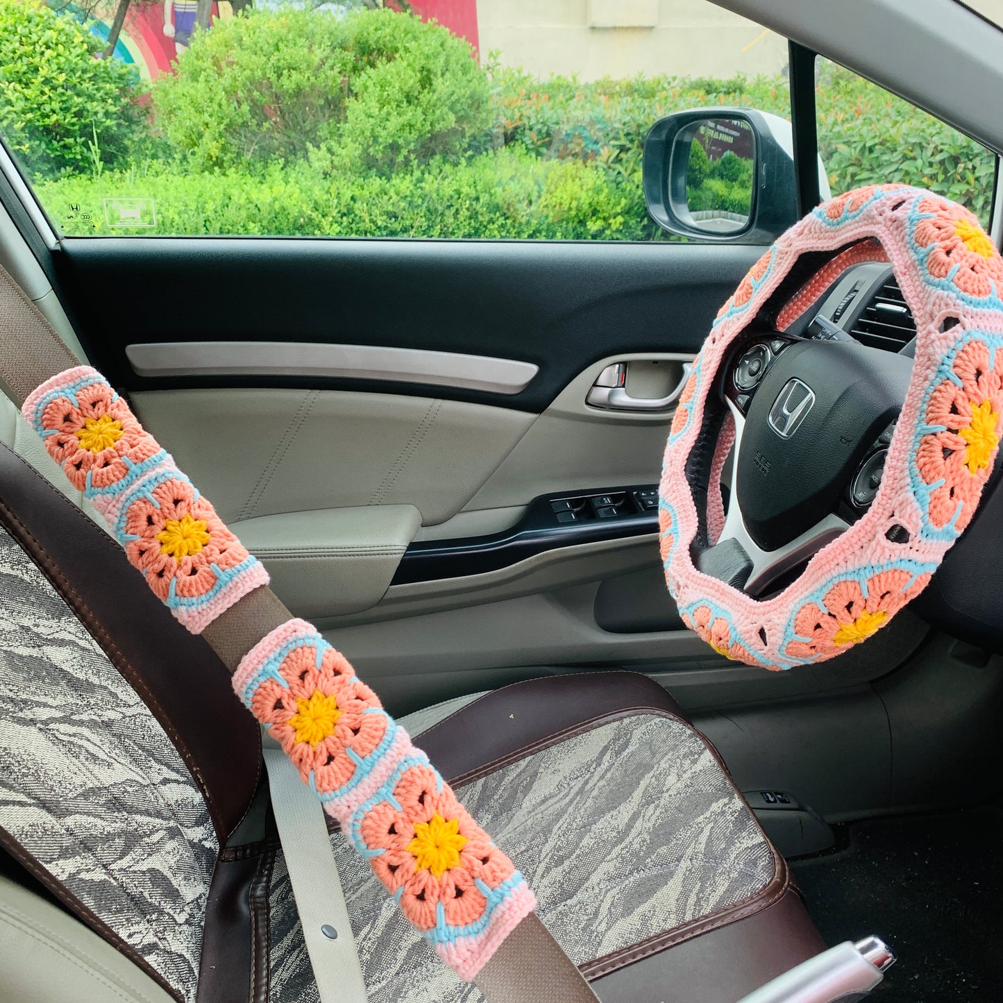 Handmade crochet Steering Wheel Cover for women, cute Galsang flower seat belt Cover, Car interior Accessories decorations