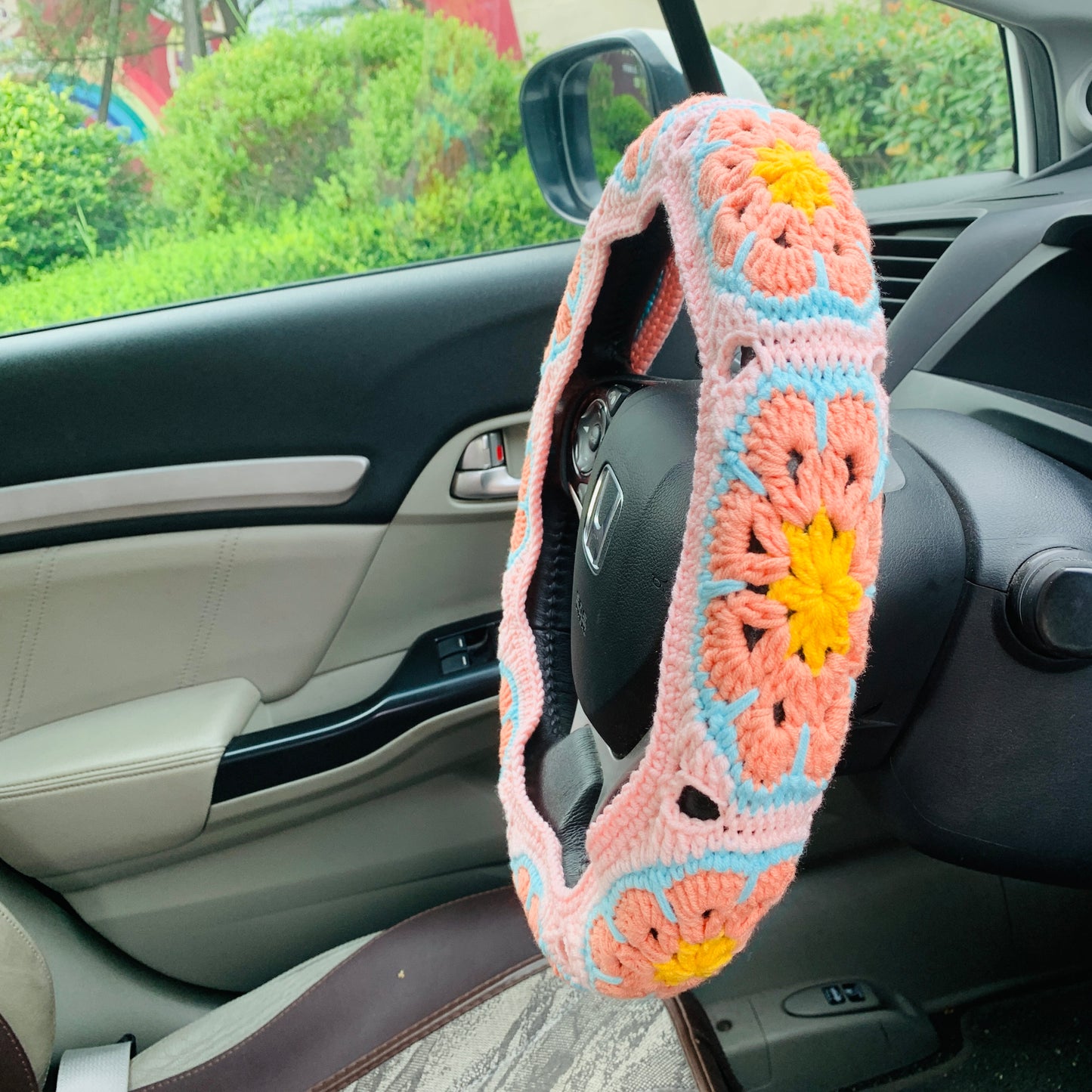 Handmade crochet Steering Wheel Cover for women, cute Galsang flower seat belt Cover, Car interior Accessories decorations