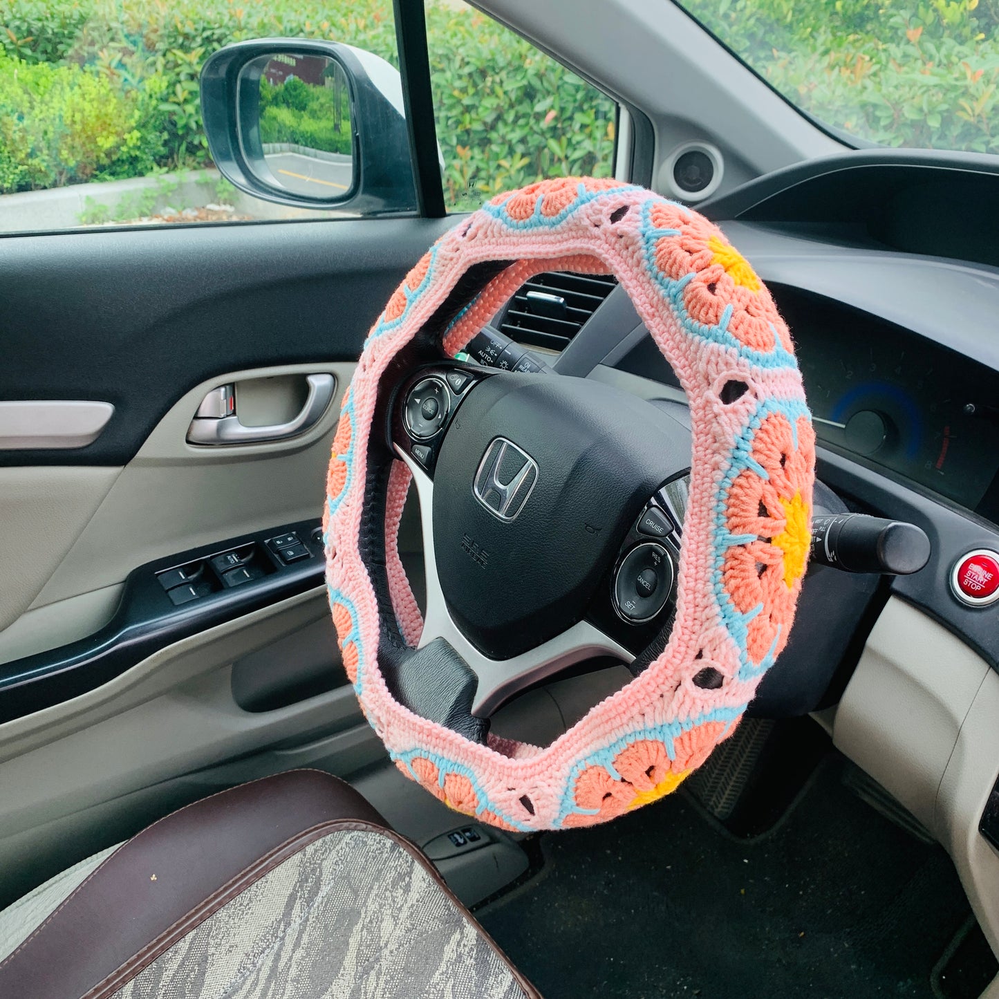 Handmade crochet Steering Wheel Cover for women, cute Galsang flower seat belt Cover, Car interior Accessories decorations