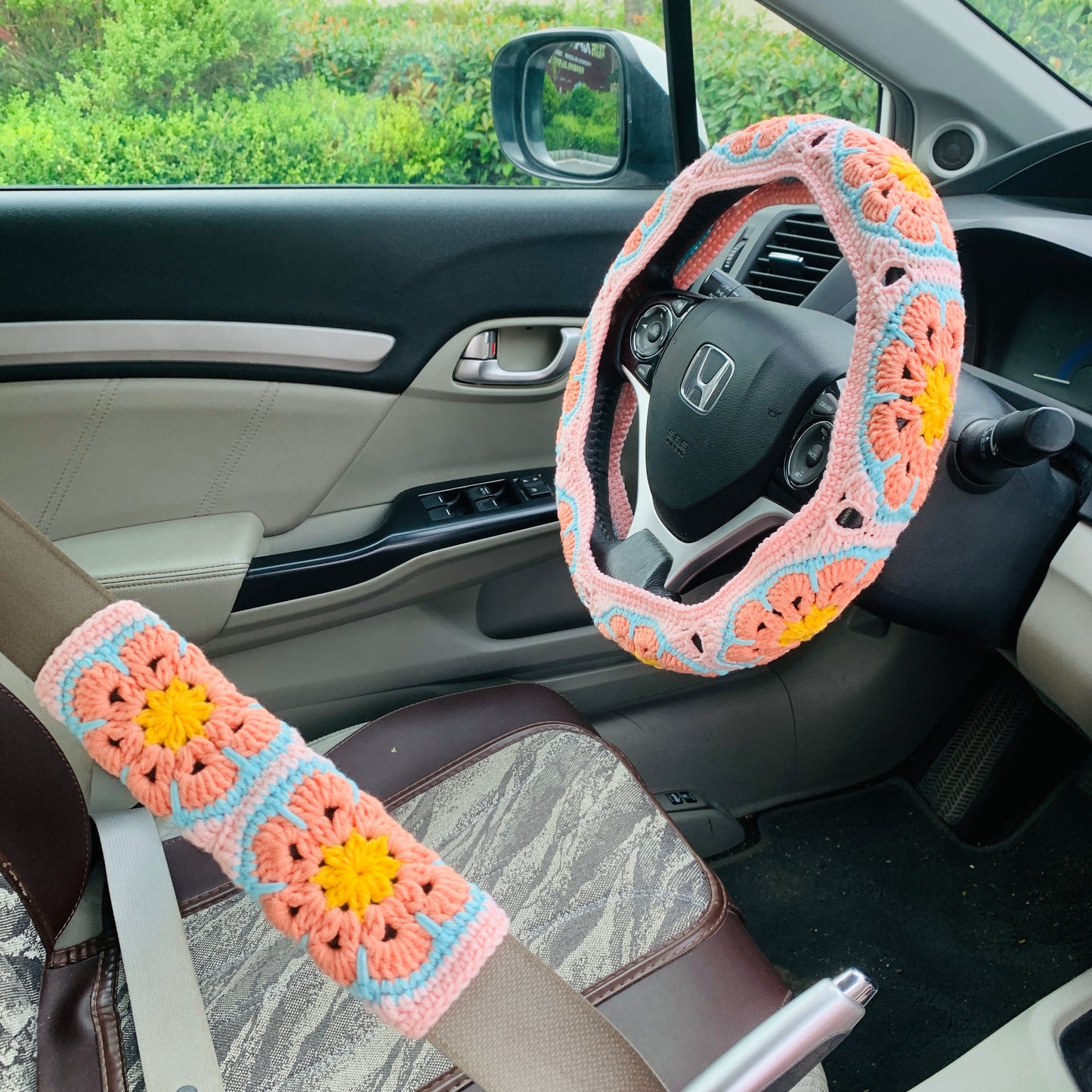 Handmade crochet Steering Wheel Cover for women, cute Galsang flower seat belt Cover, Car interior Accessories decorations