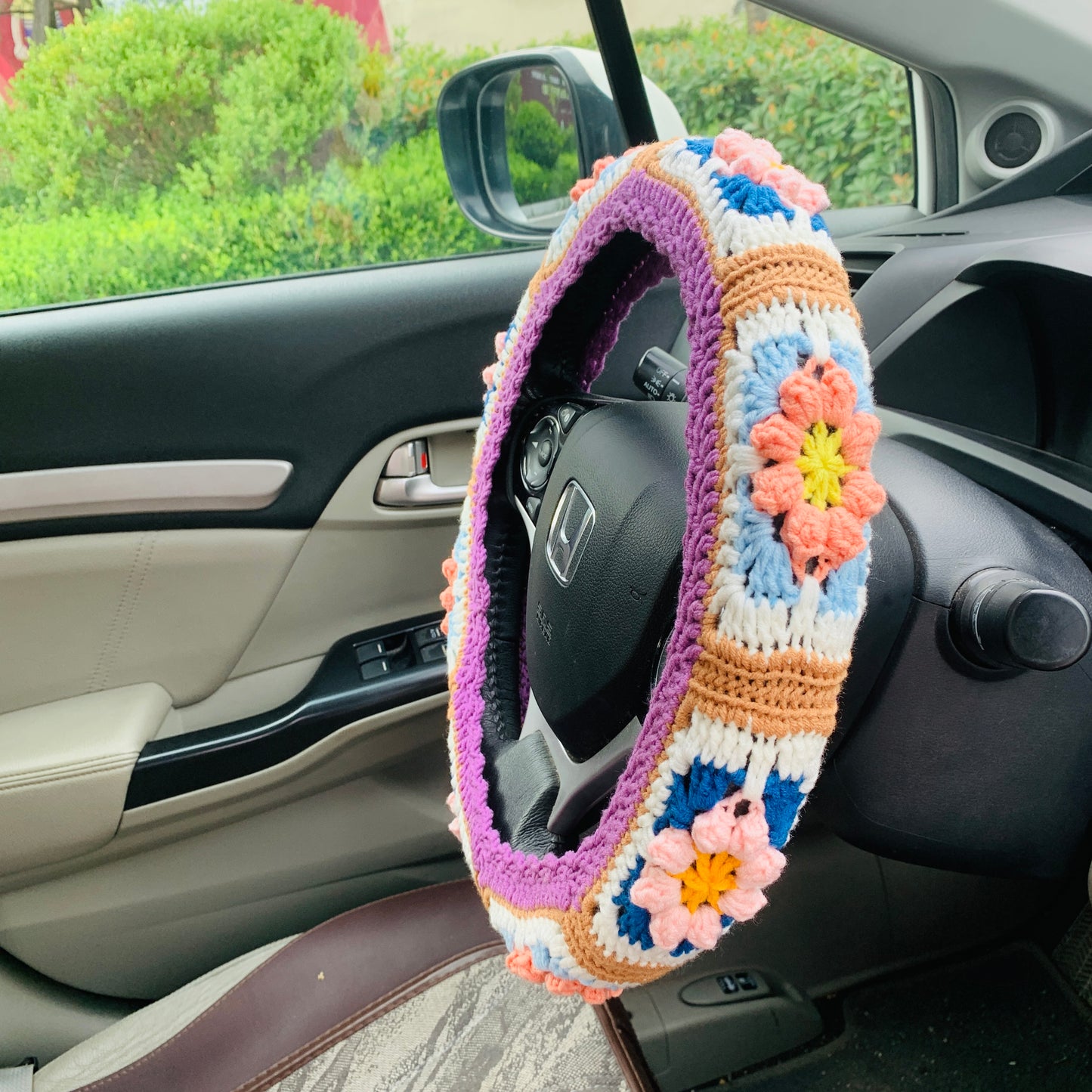 Steering Wheel Cover for women, Crochet Purple Puff flower seat belt Cover, Car Accessories decorations