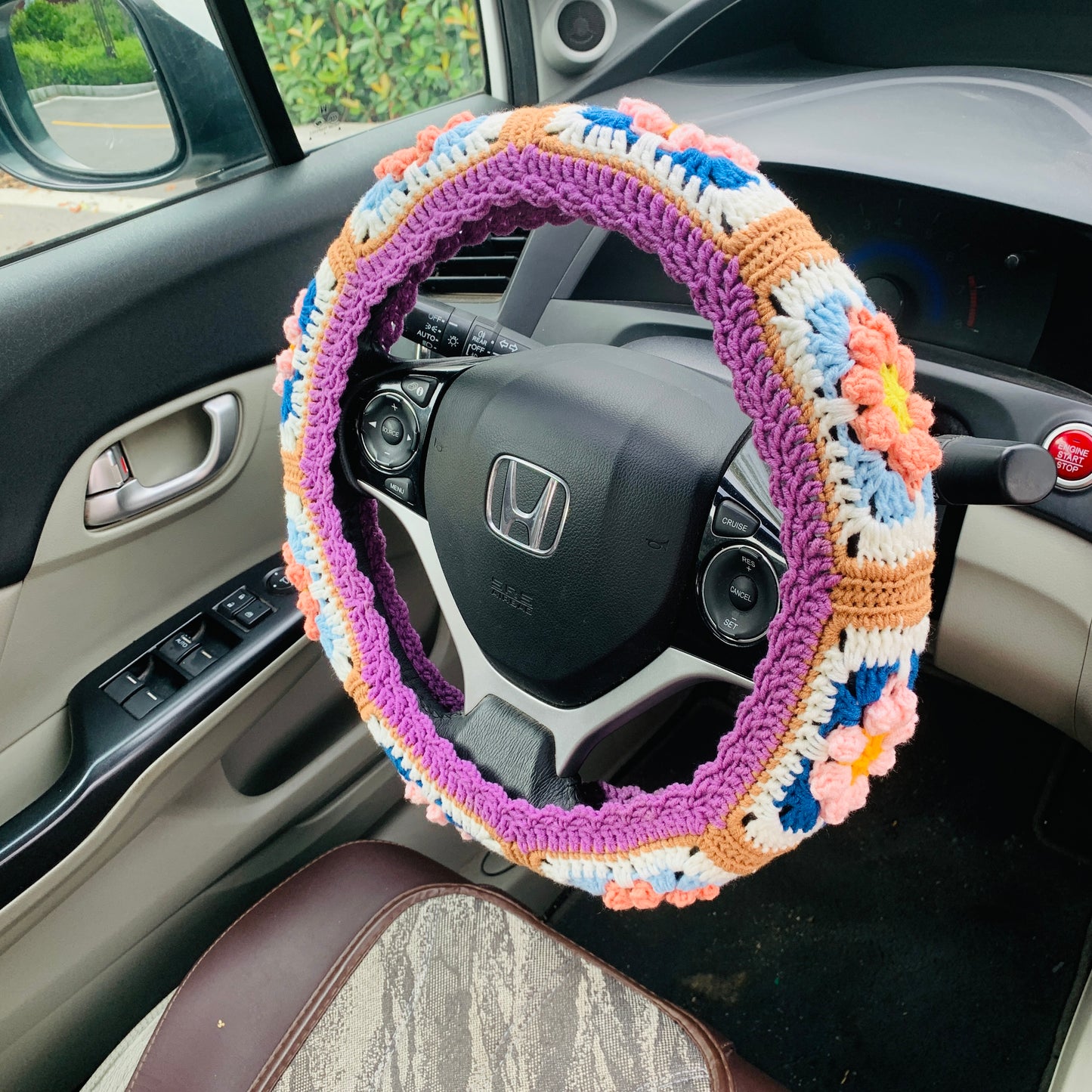 Steering Wheel Cover for women, Crochet Purple Puff flower seat belt Cover, Car Accessories decorations