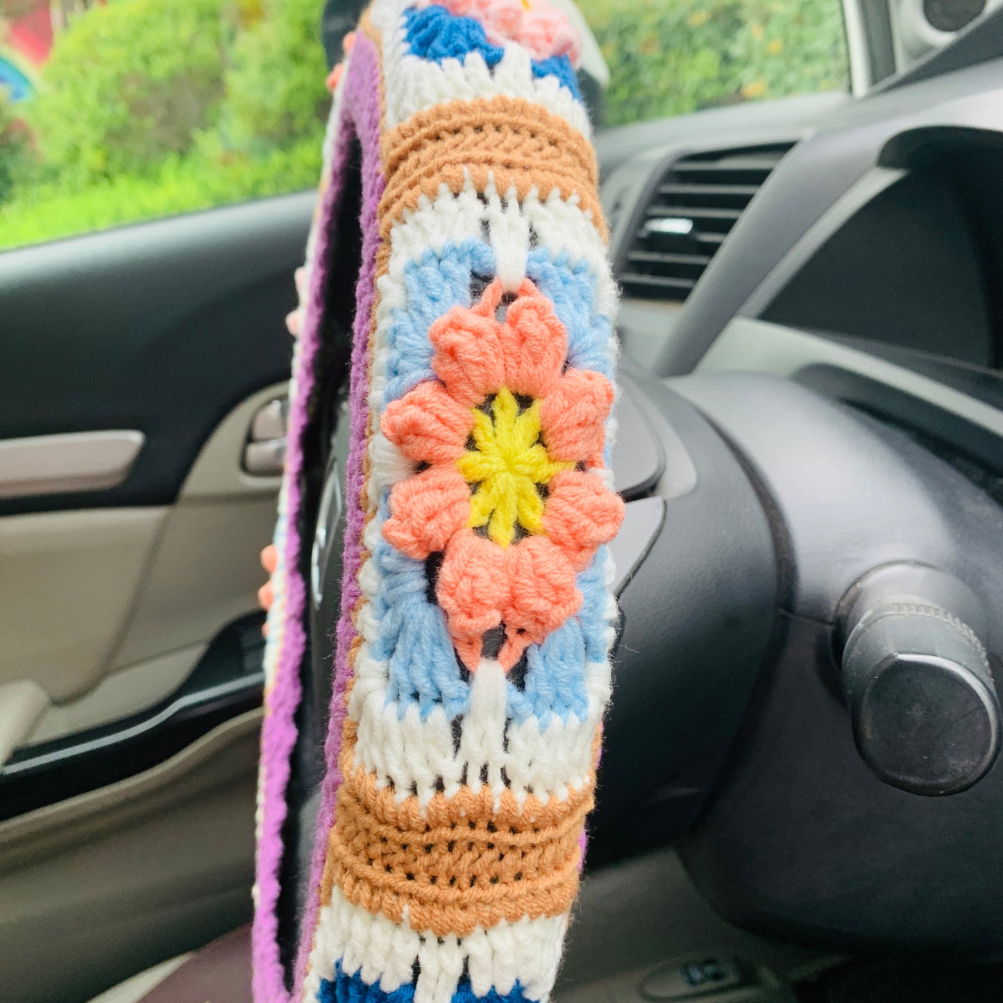 Steering Wheel Cover for women, Crochet Purple Puff flower seat belt Cover, Car Accessories decorations