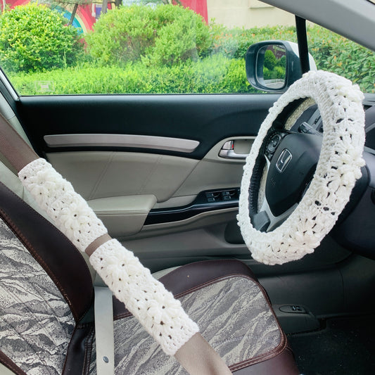 Handmade Steering Wheel Cover for women, crochet cute daisy flower seat belt Cover, Car interior Accessories decorations