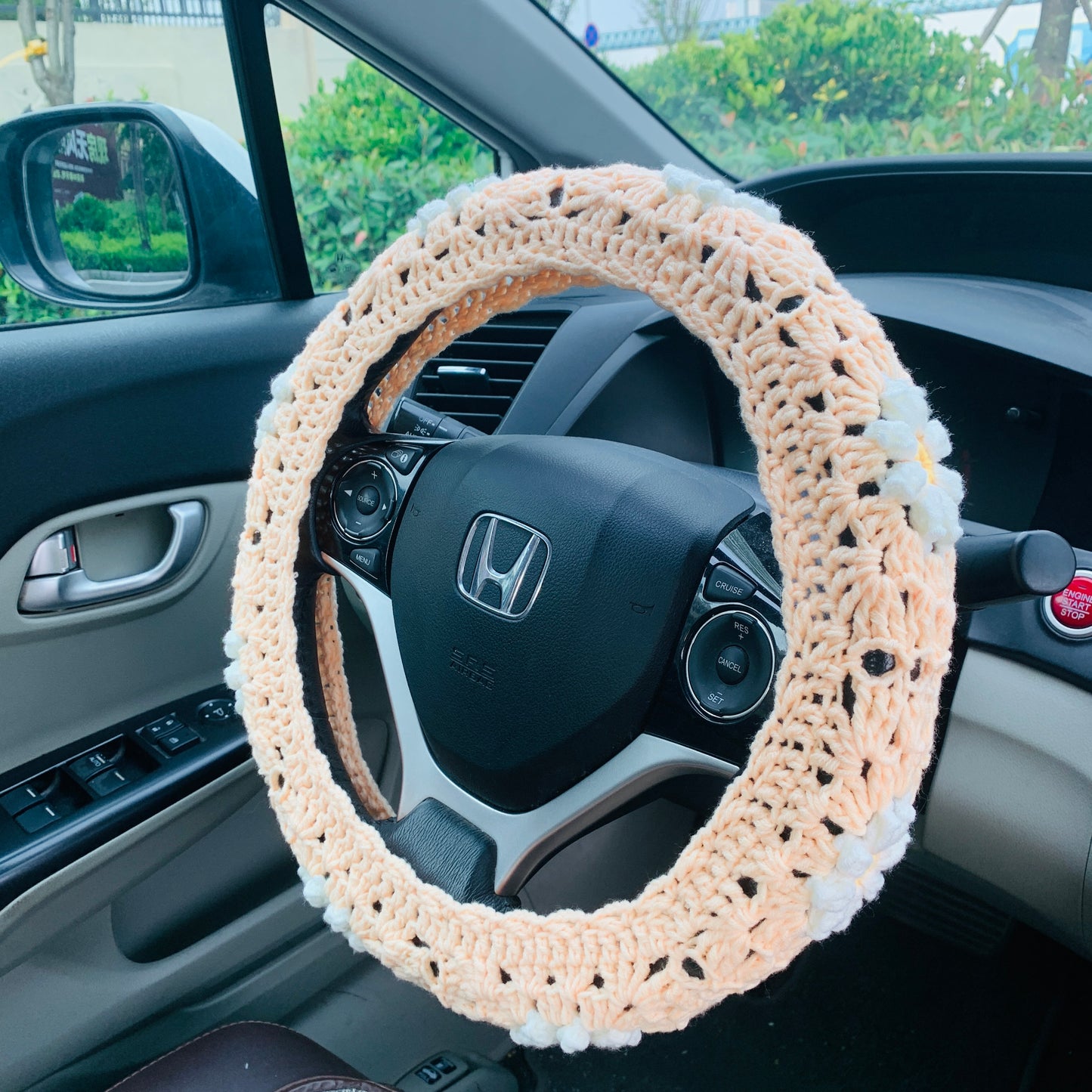 Steering Wheel Cover for women, Crochet cute daisy flower seat belt Cover, Handmade kawaii Car interior Accessories decorations