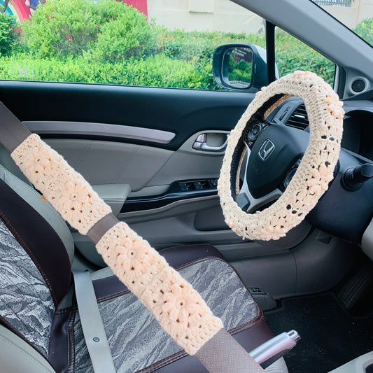 Handmade Steering Wheel Cover for women, cute daisy flower seat belt Cover, Crochet kawaii Car interior Accessories decorations