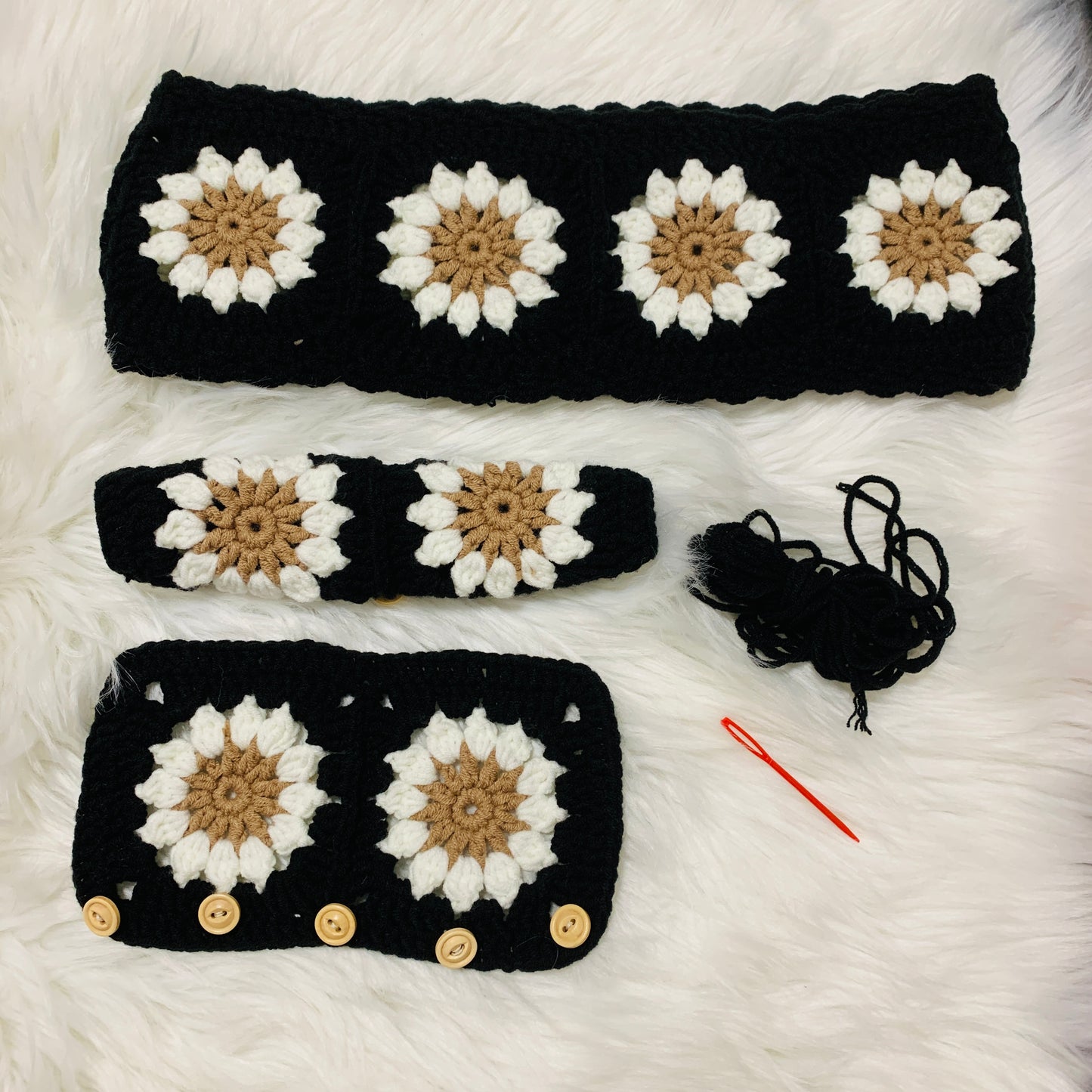 Crochet Steering Wheel Cover for women, handmade cute daisy flower seat belt Cover, Car interior Accessories decorations