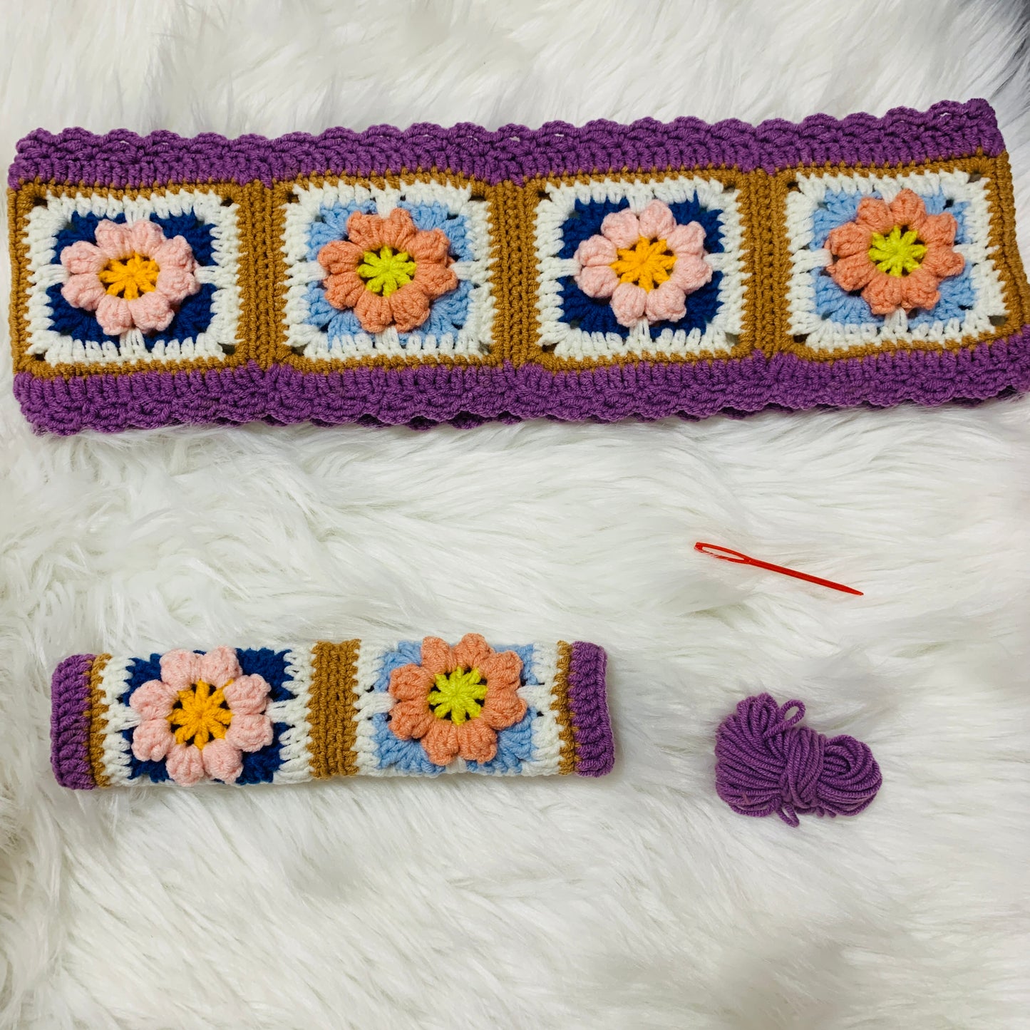 Steering Wheel Cover for women, Crochet Purple Puff flower seat belt Cover, Car Accessories decorations