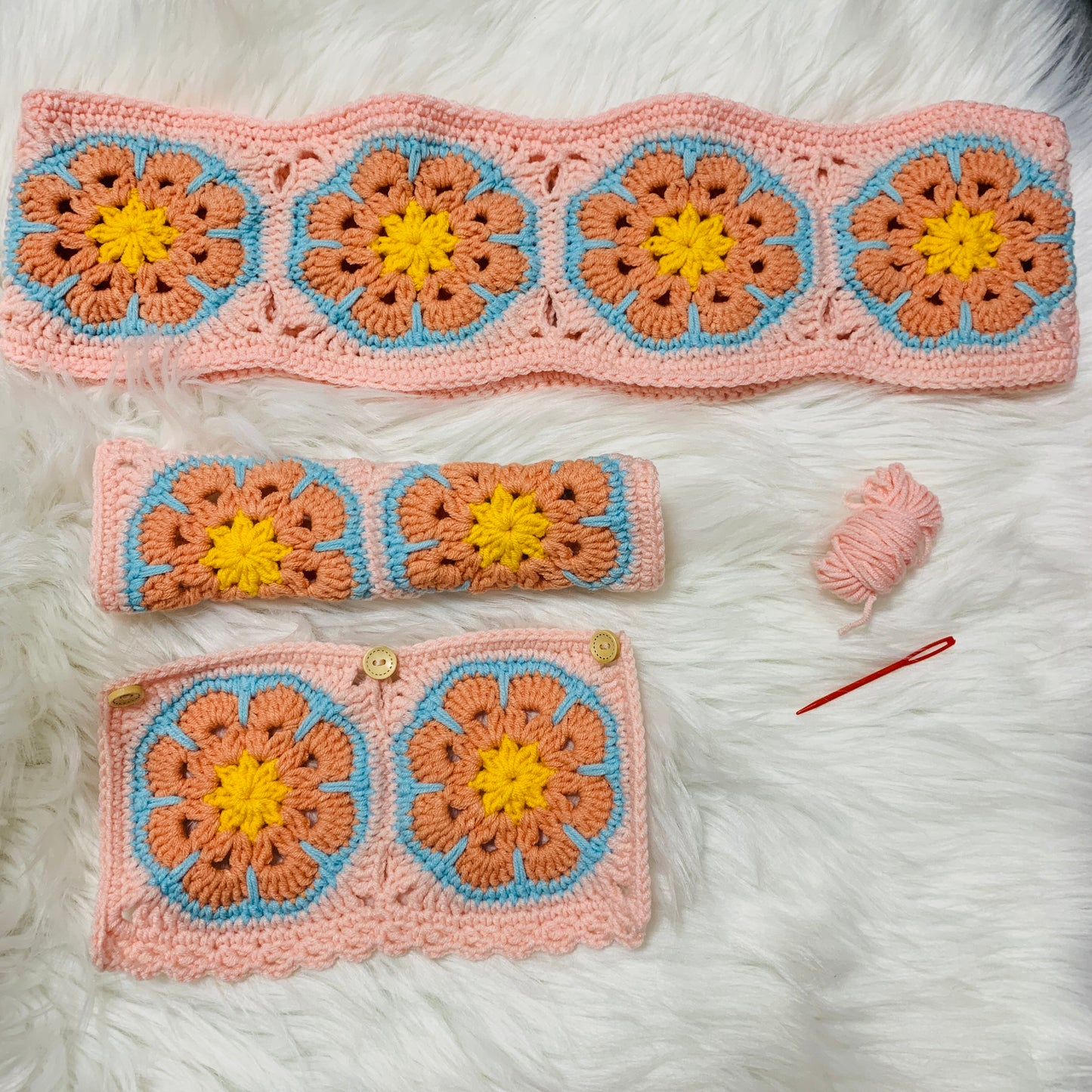 Handmade crochet Steering Wheel Cover for women, cute Galsang flower seat belt Cover, Car interior Accessories decorations