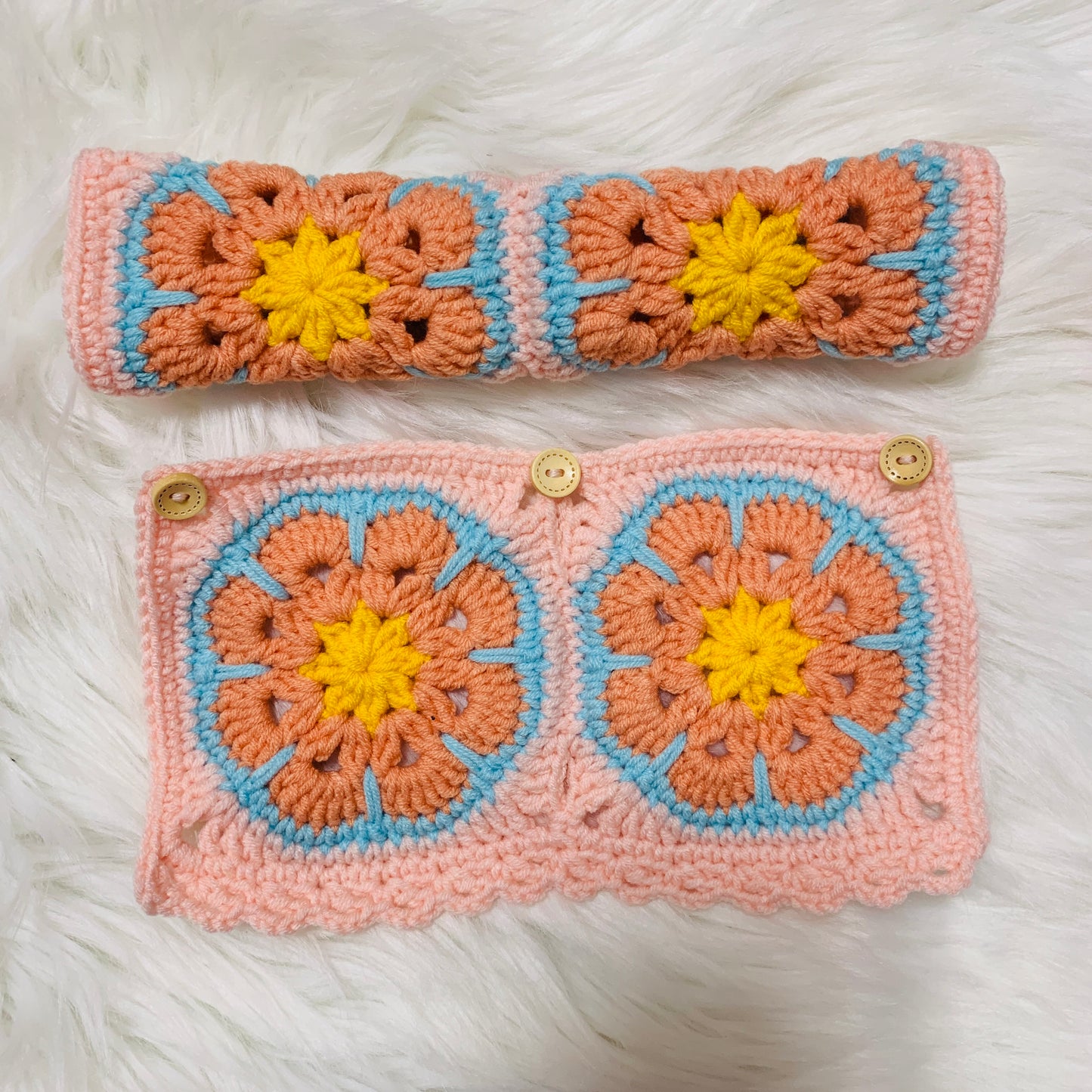 Handmade crochet Steering Wheel Cover for women, cute Galsang flower seat belt Cover, Car interior Accessories decorations