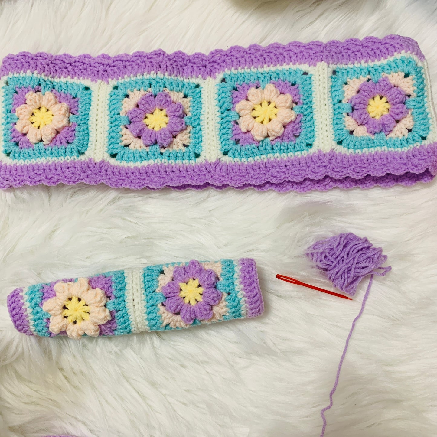 Handmade crochet Steering Wheel Cover for women, cute purple daisy flower seat belt Cover, Car interior Accessories decorations