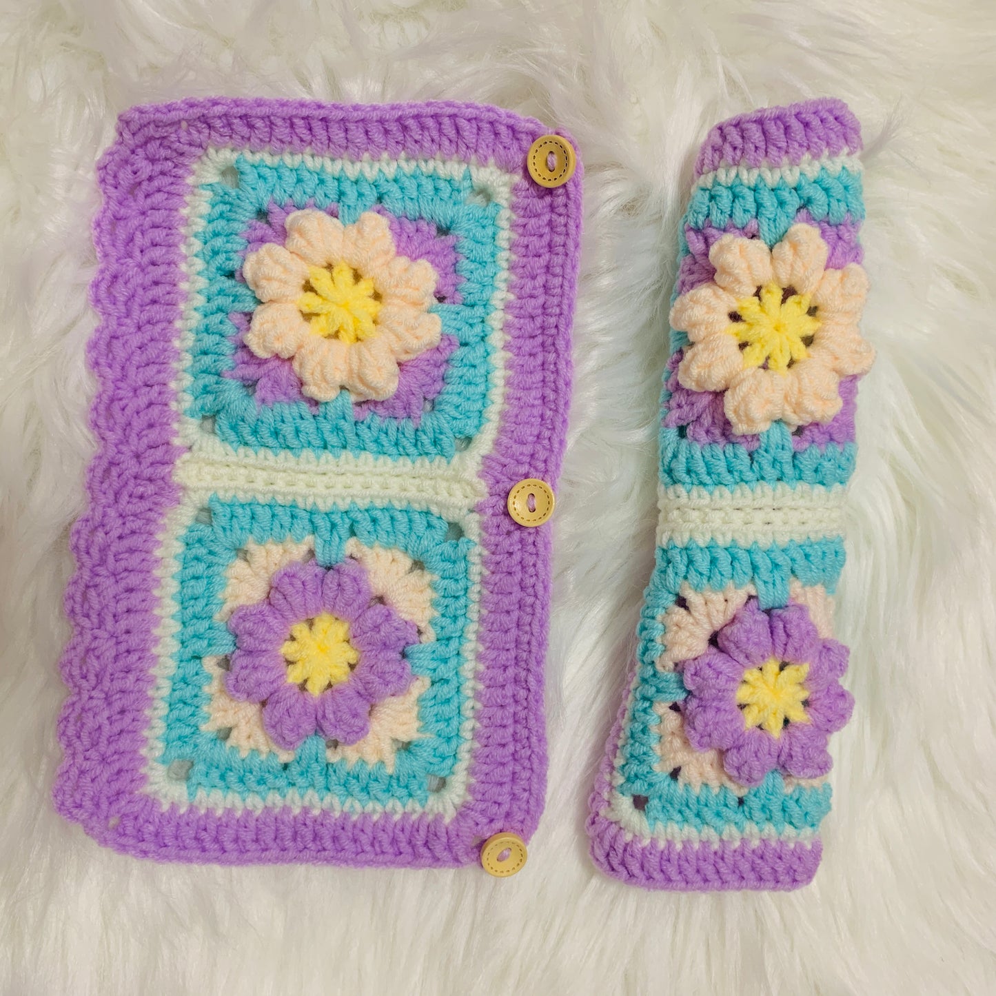 Handmade crochet Steering Wheel Cover for women, cute purple daisy flower seat belt Cover, Car interior Accessories decorations