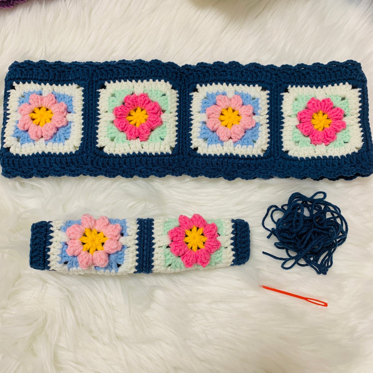 Handmade crochet Steering Wheel Cover for women, cute kawaii daisy flower seat belt Cover, Car interior Accessories decorations