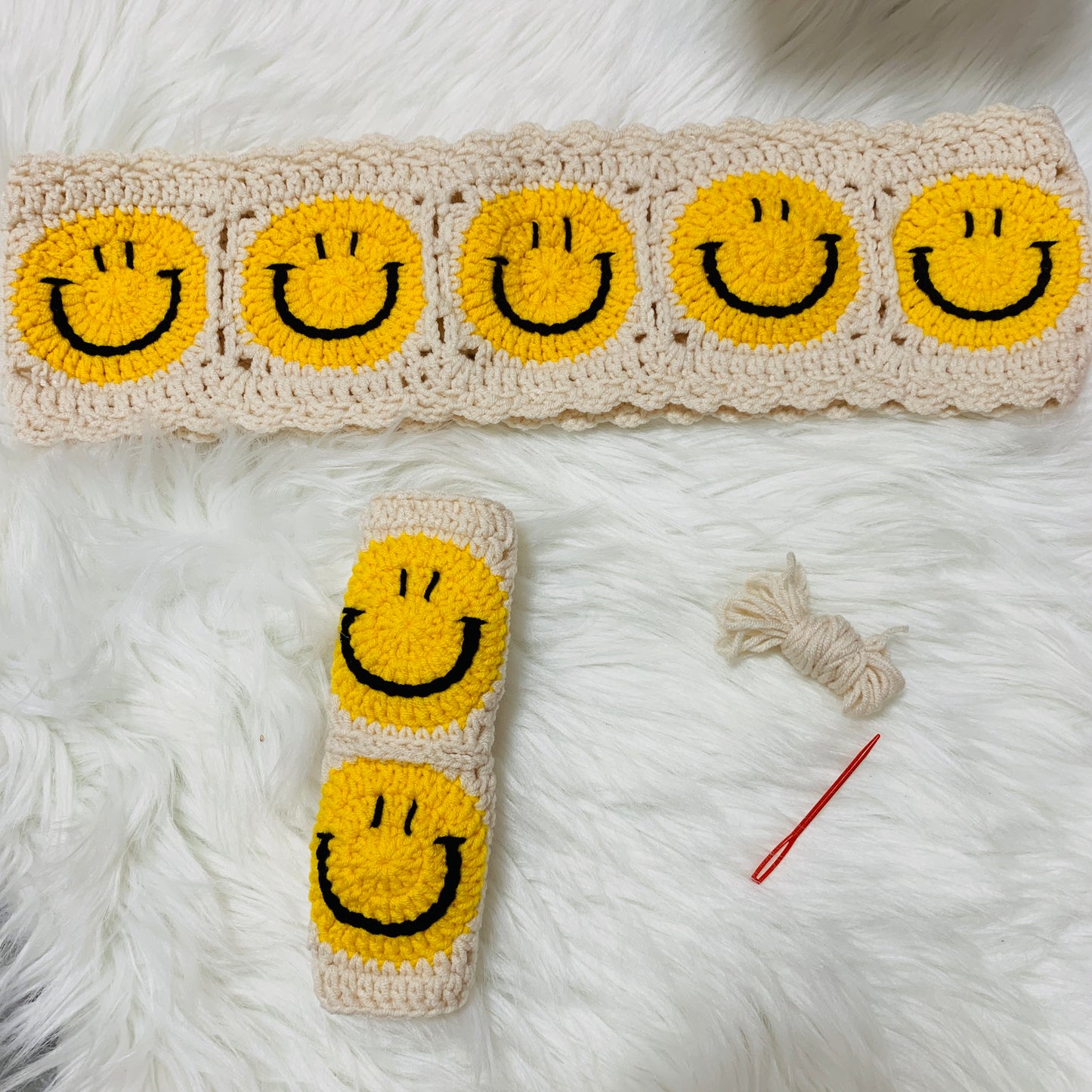 Handmade crochet Steering Wheel Cover for women, cute smiling face flower seat belt Cover, Car interior Accessories decorations