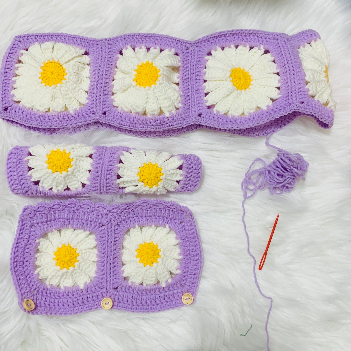 Handmade crochet Steering Wheel Cover for women, cute daisy flower seat belt Cover, Car interior Accessories decorations