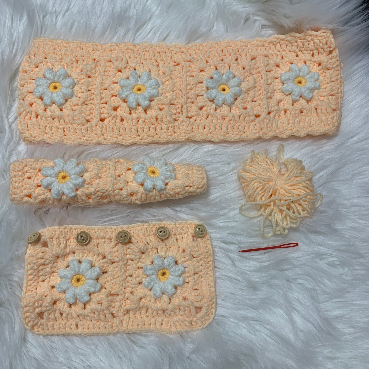 Steering Wheel Cover for women, Crochet cute daisy flower seat belt Cover, Handmade kawaii Car interior Accessories decorations