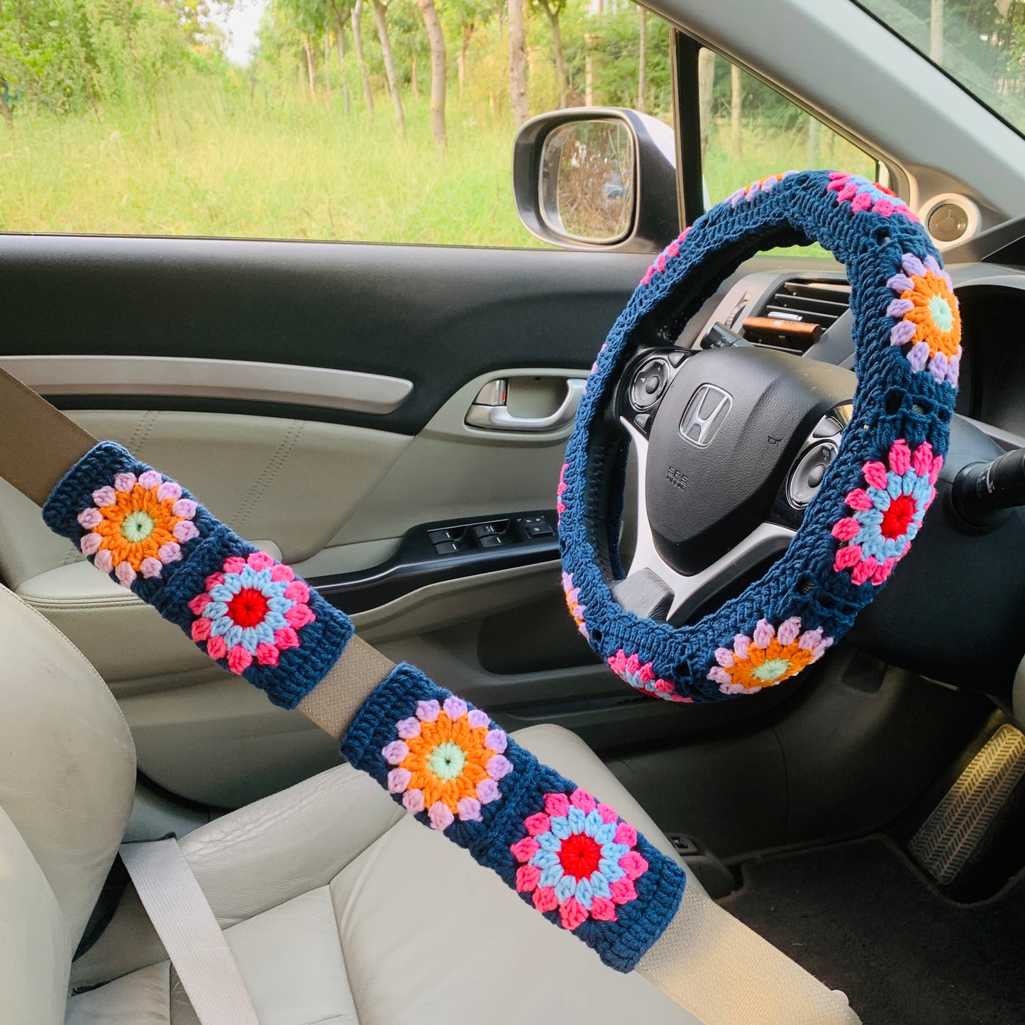 Crochet Steering Wheel Cover flower seat belt Cover for women, Car Accessories decorations