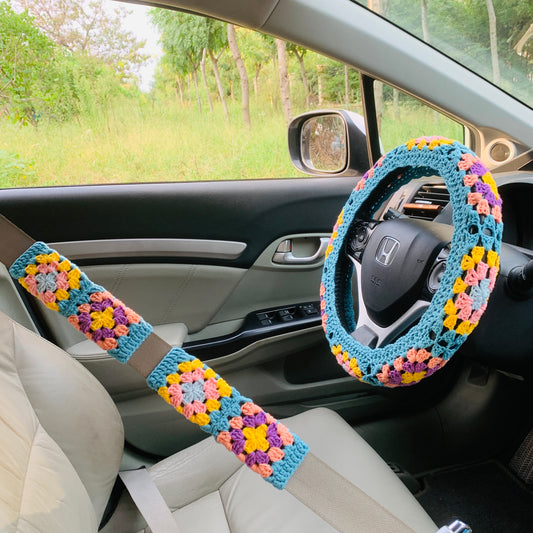 Steering Wheel Cover for women, Crochet Granny square flower seat belt Cover, Car Accessories decorations