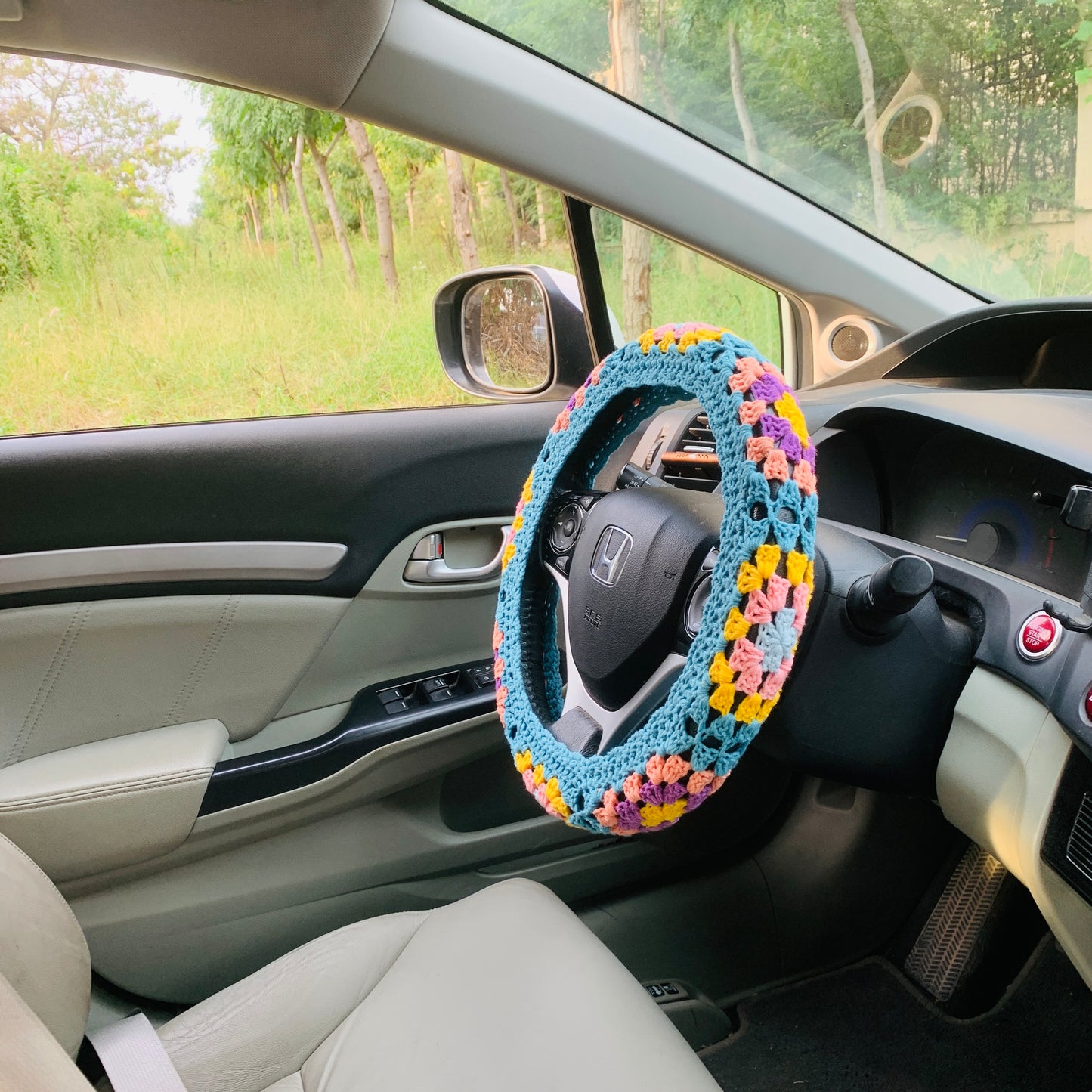 Steering Wheel Cover for women, Crochet Granny square flower seat belt Cover, Car Accessories decorations