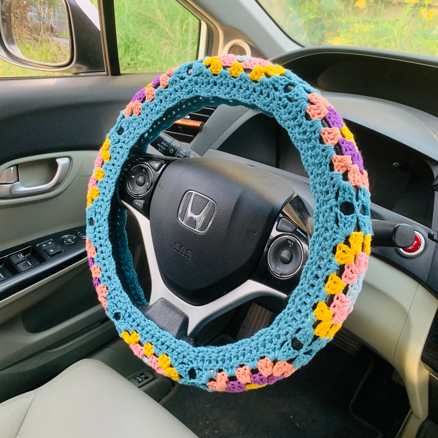 Steering Wheel Cover for women, Crochet Granny square flower seat belt Cover, Car Accessories decorations