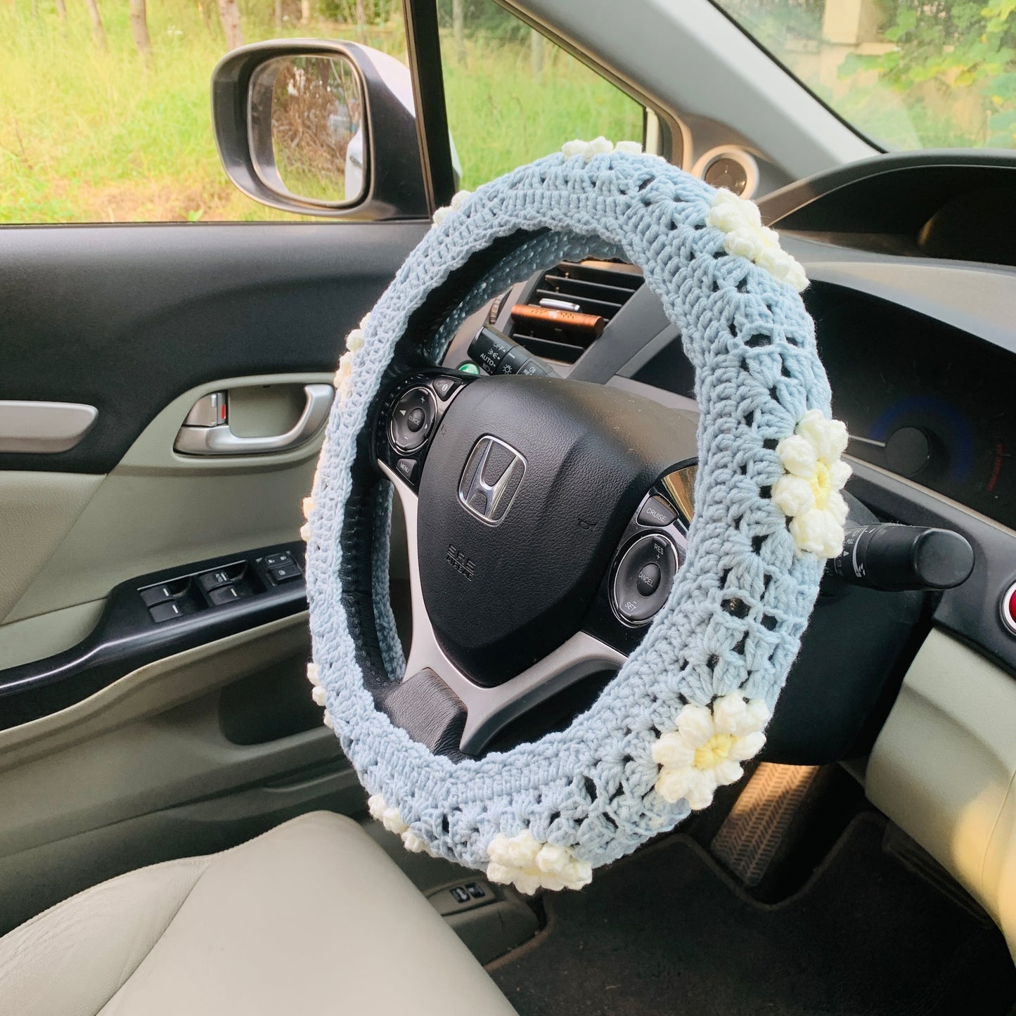 Steering Wheel Cover for women, Crochet daisy flower seat belt Cover, Car Accessories decorations