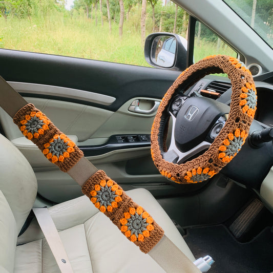 Steering Wheel Cover for women, Crochet chocolate orange flower seat belt Cover, Car Accessories decorations