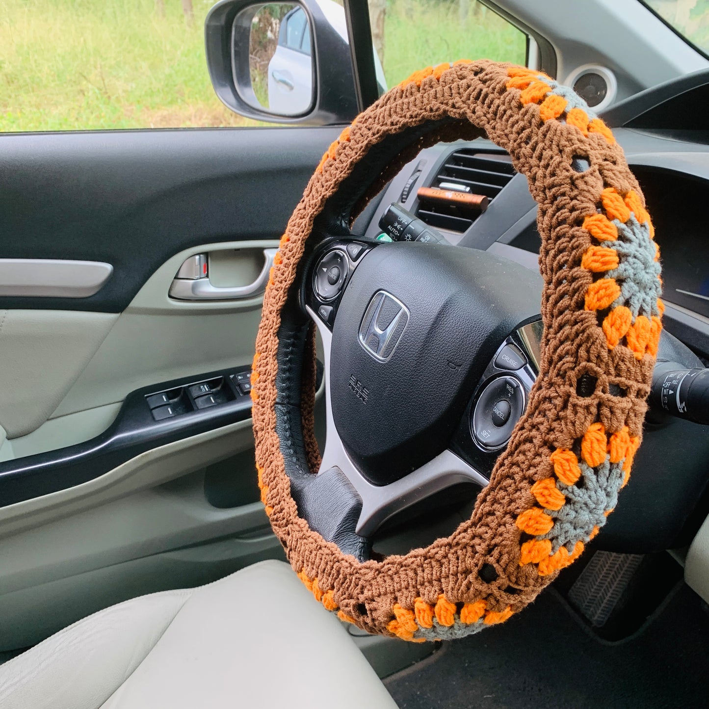 Steering Wheel Cover for women, Crochet chocolate orange flower seat belt Cover, Car Accessories decorations