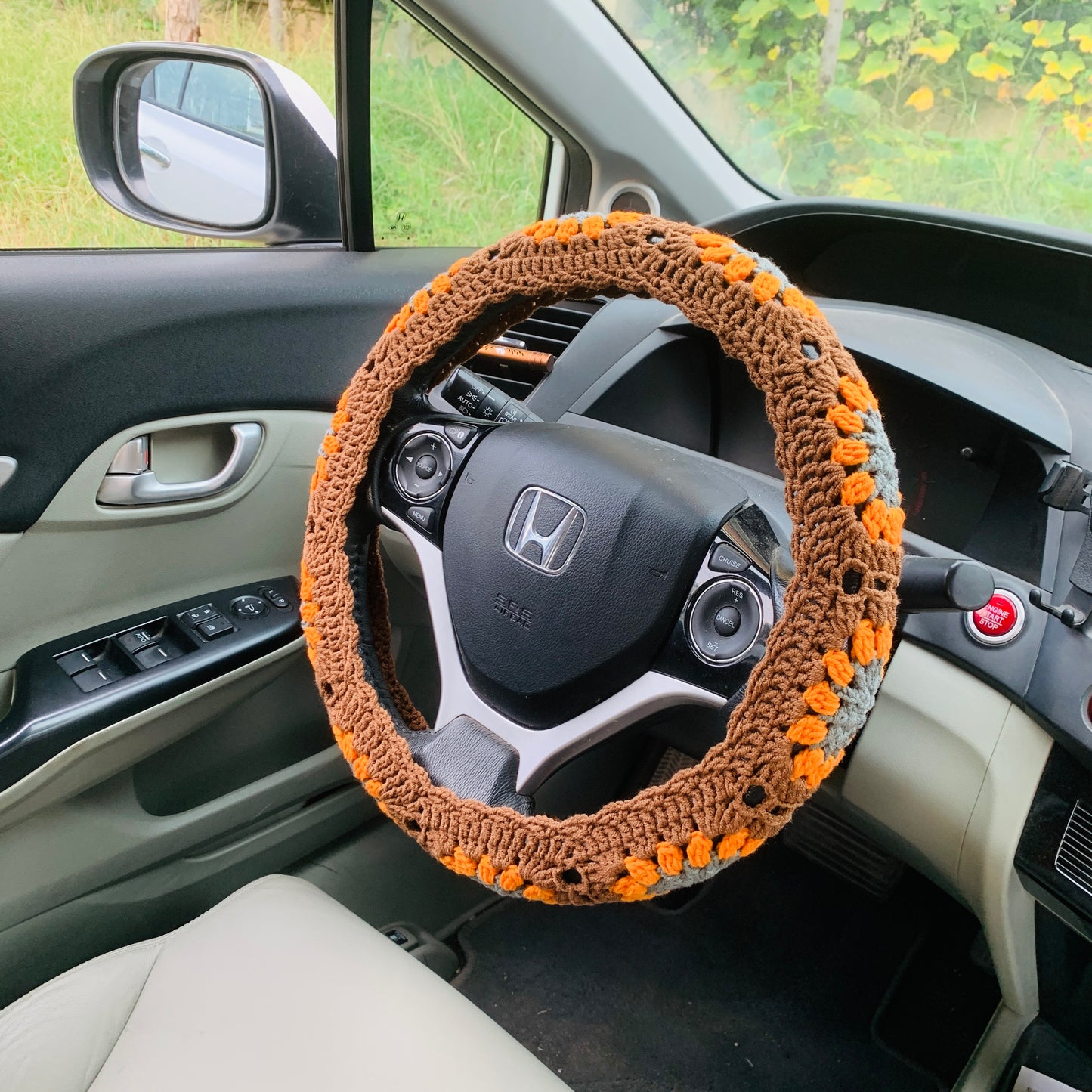 Steering Wheel Cover for women, Crochet chocolate orange flower seat belt Cover, Car Accessories decorations