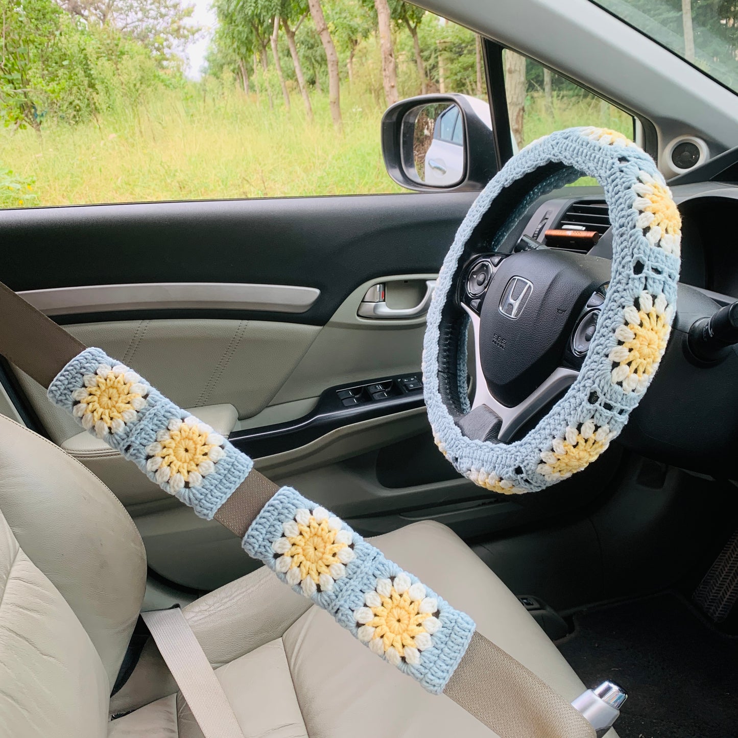 Crochet Steering Wheel Cover for women,  cute Sunflower seat belt Cover, Car Accessories decorations