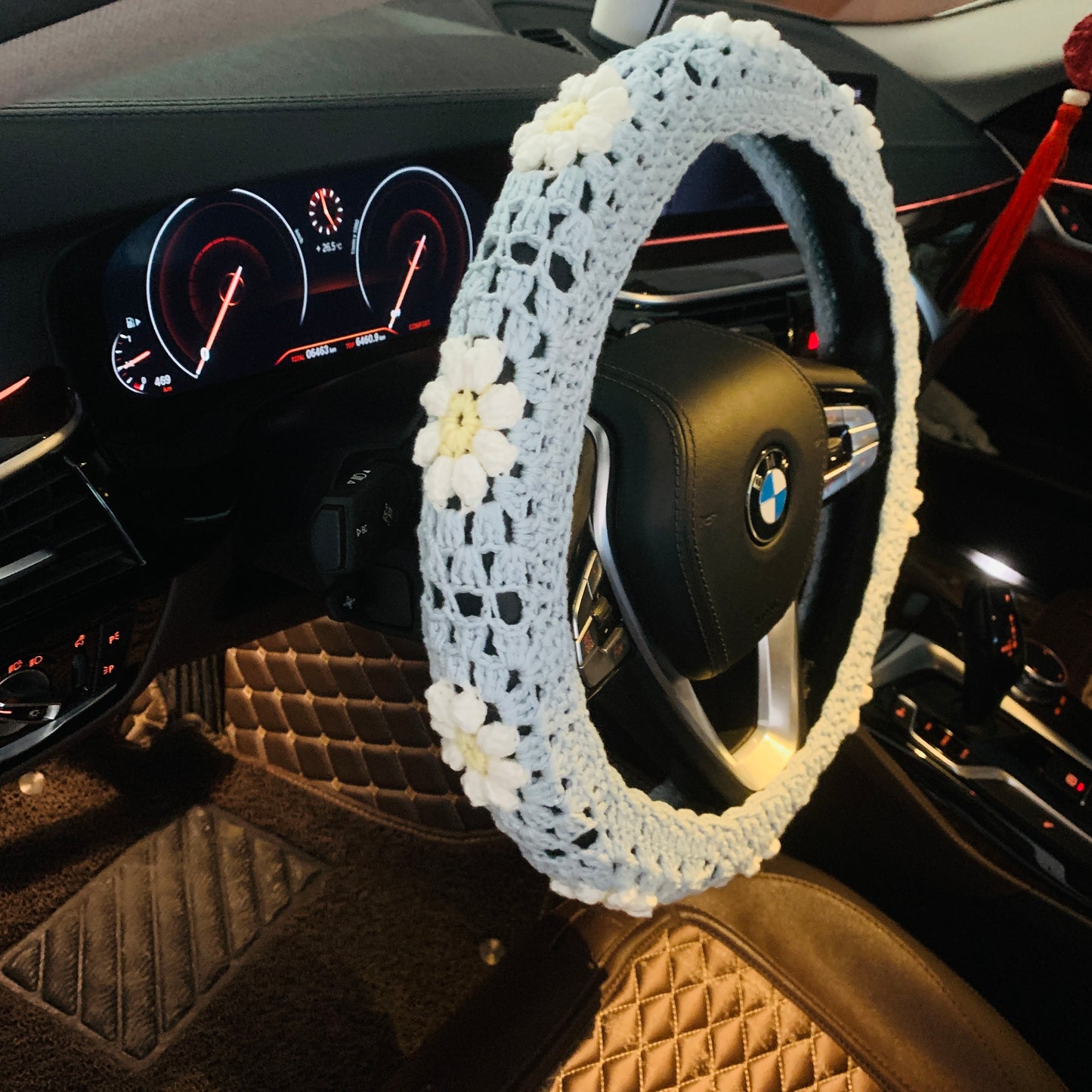 Steering Wheel Cover for women, Crochet daisy flower seat belt Cover, Car Accessories decorations