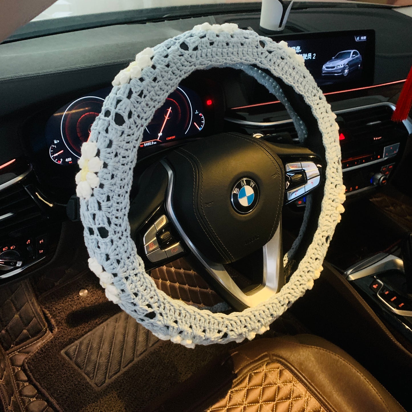 Steering Wheel Cover for women, Crochet daisy flower seat belt Cover, Car Accessories decorations