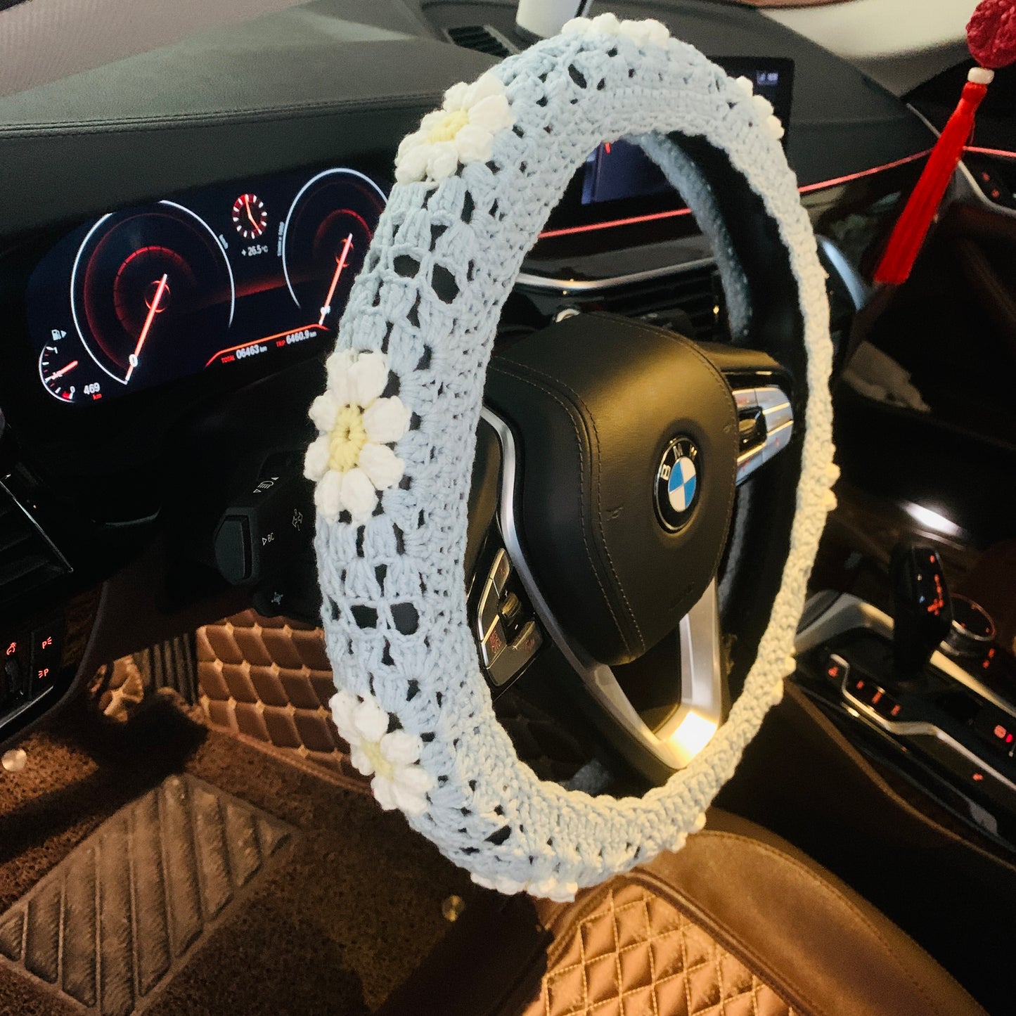 Steering Wheel Cover for women, Crochet daisy flower seat belt Cover, Car Accessories decorations