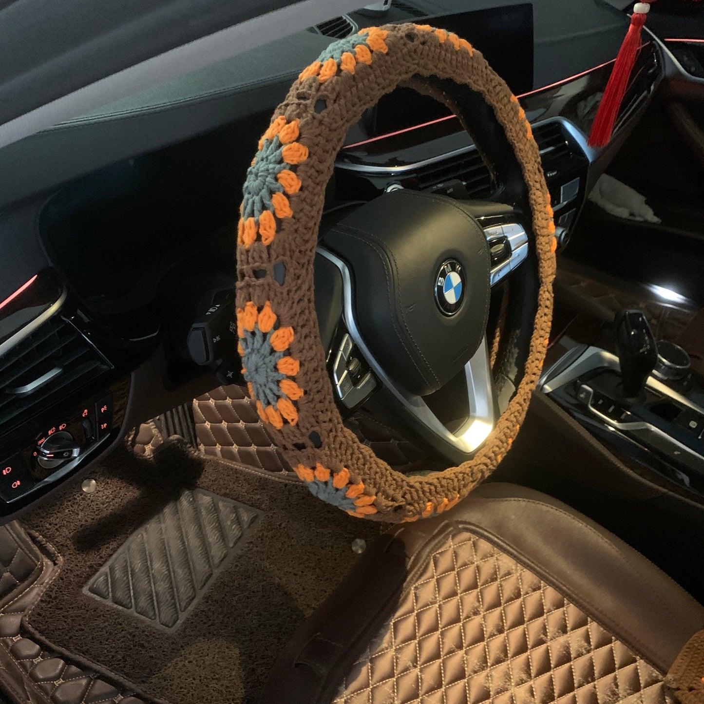 Steering Wheel Cover for women, Crochet chocolate orange flower seat belt Cover, Car Accessories decorations