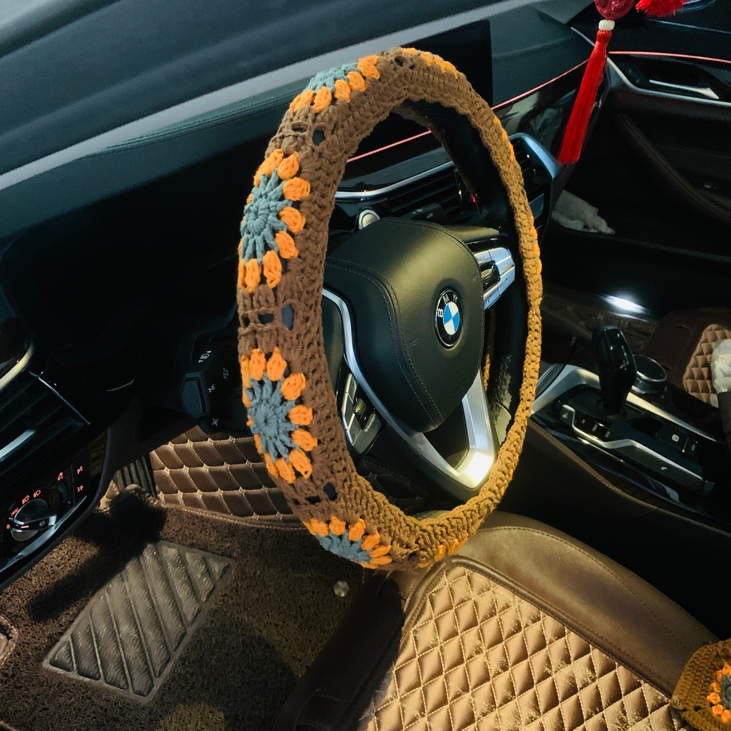 Steering Wheel Cover for women, Crochet chocolate orange flower seat belt Cover, Car Accessories decorations