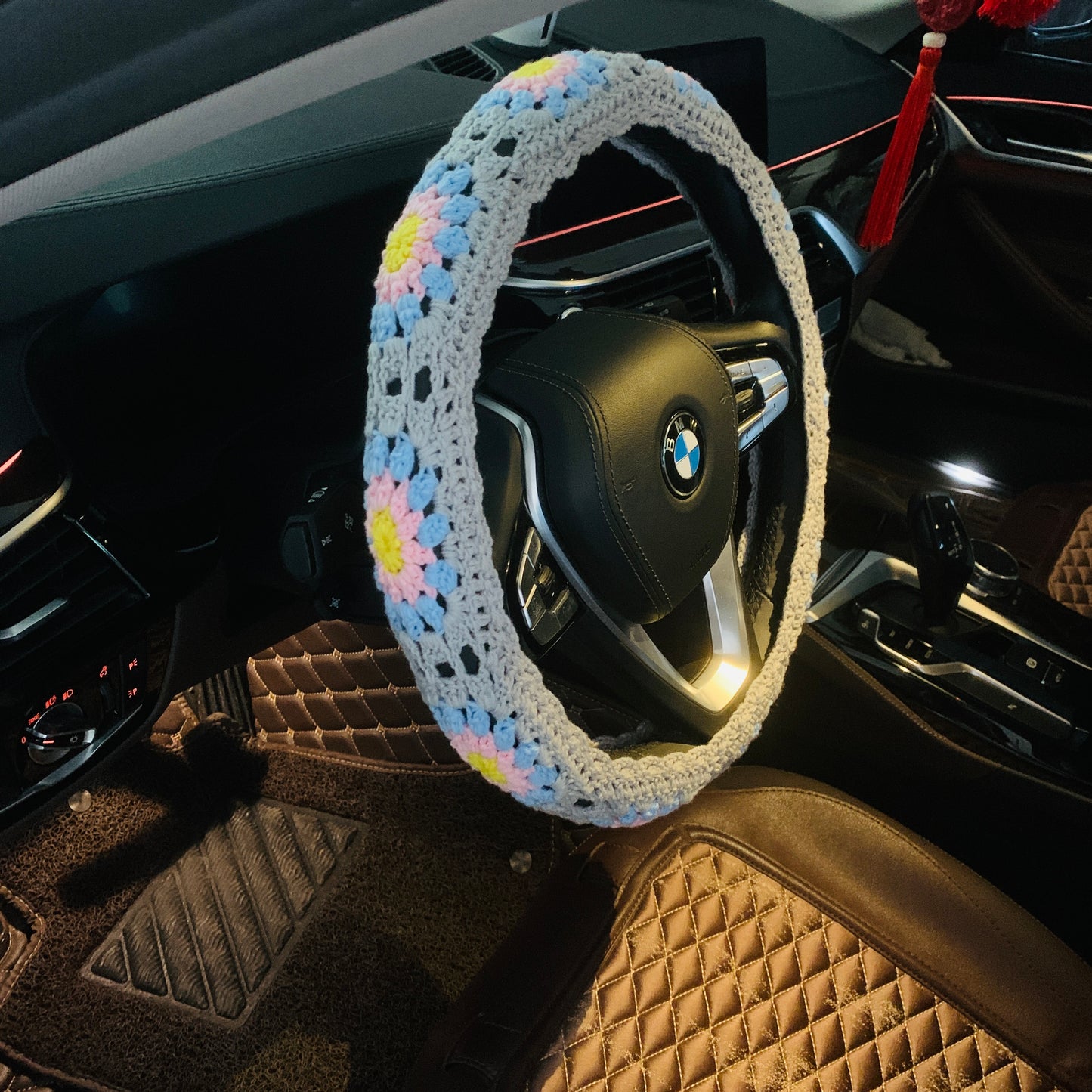 Crochet Steer Wheel Cover for women, kawaii flower seat belt Cover, Car Accessories decorations