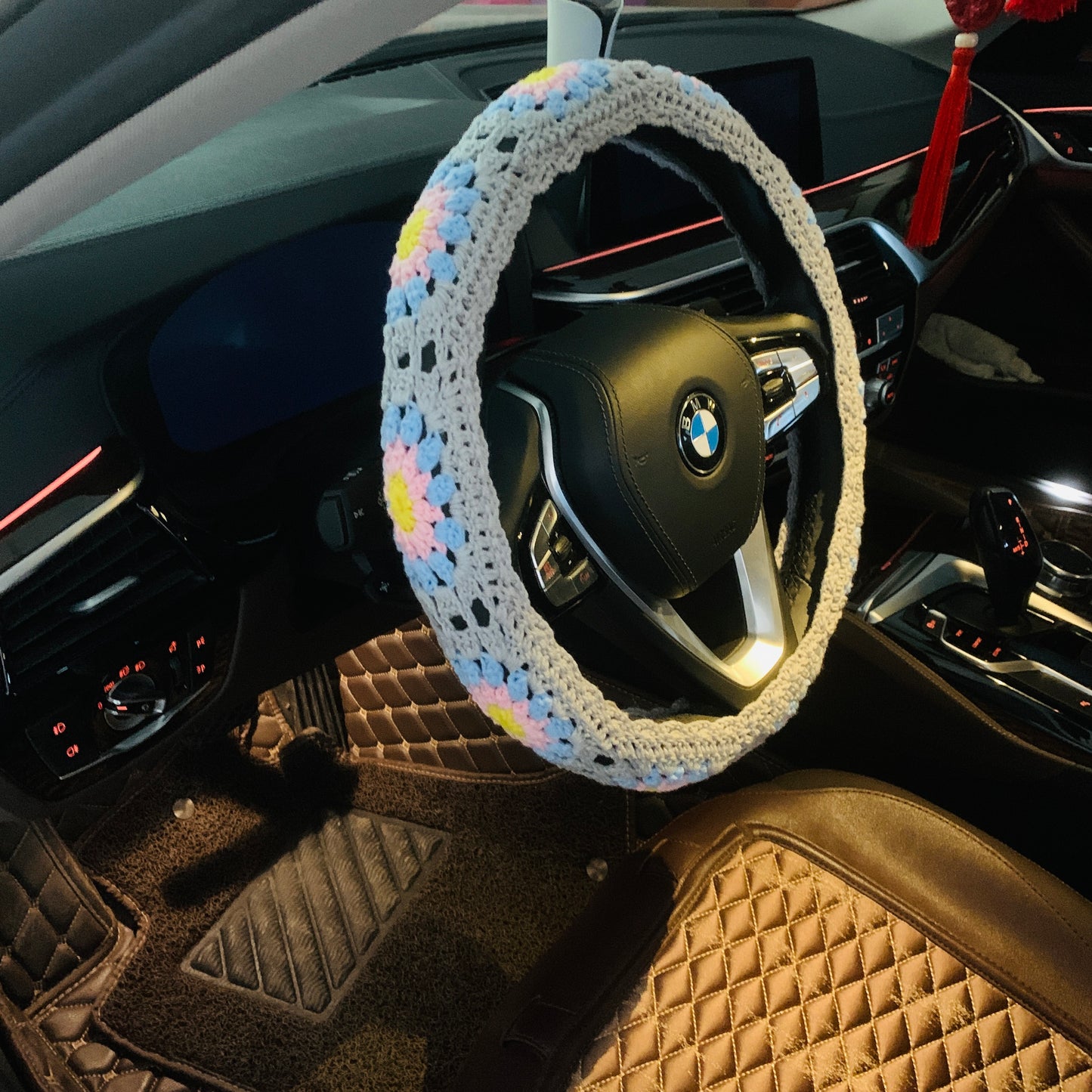 Crochet Steer Wheel Cover for women, kawaii flower seat belt Cover, Car Accessories decorations