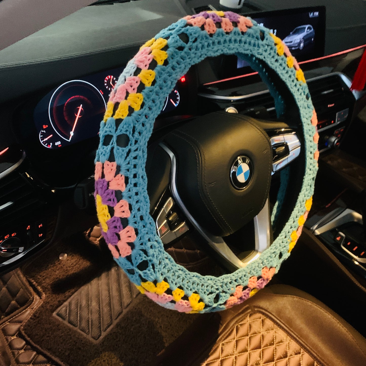 Steering Wheel Cover for women, Crochet Granny square flower seat belt Cover, Car Accessories decorations