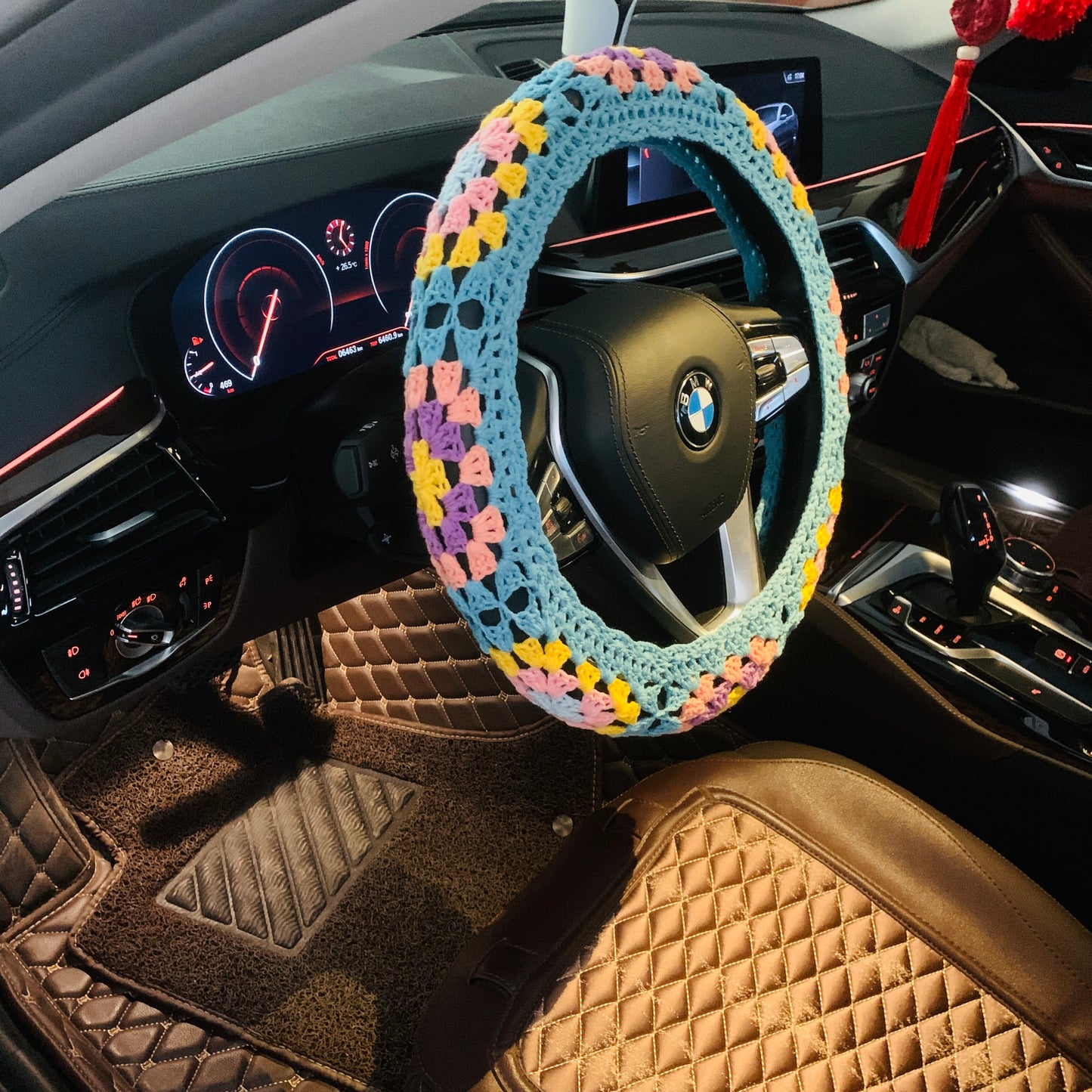 Steering Wheel Cover for women, Crochet Granny square flower seat belt Cover, Car Accessories decorations