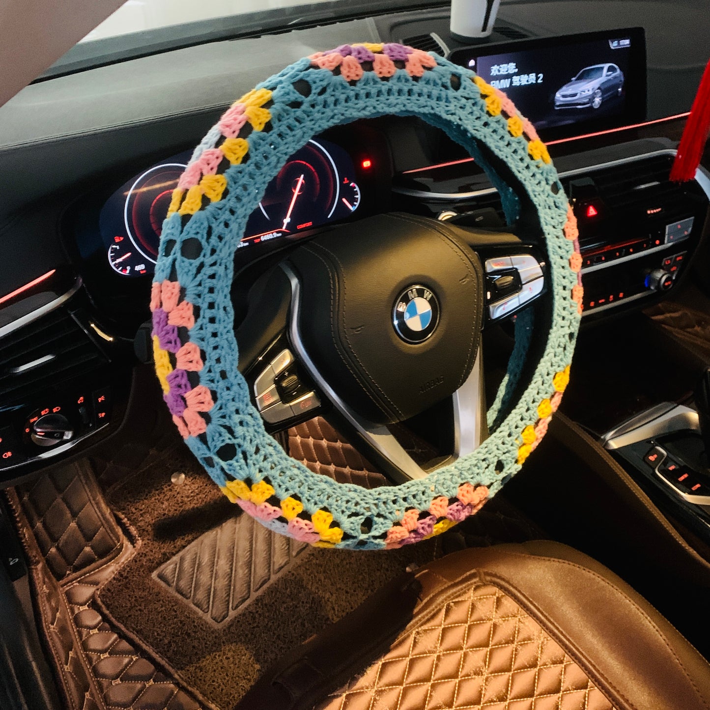 Steering Wheel Cover for women, Crochet Granny square flower seat belt Cover, Car Accessories decorations