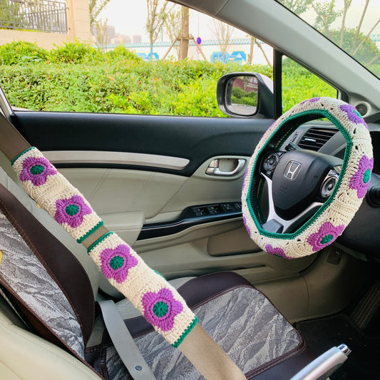 Handmade crochet Steering Wheel Cover for women, cute daisy flower seat belt Cover, kawaii Car interior Accessories decorations