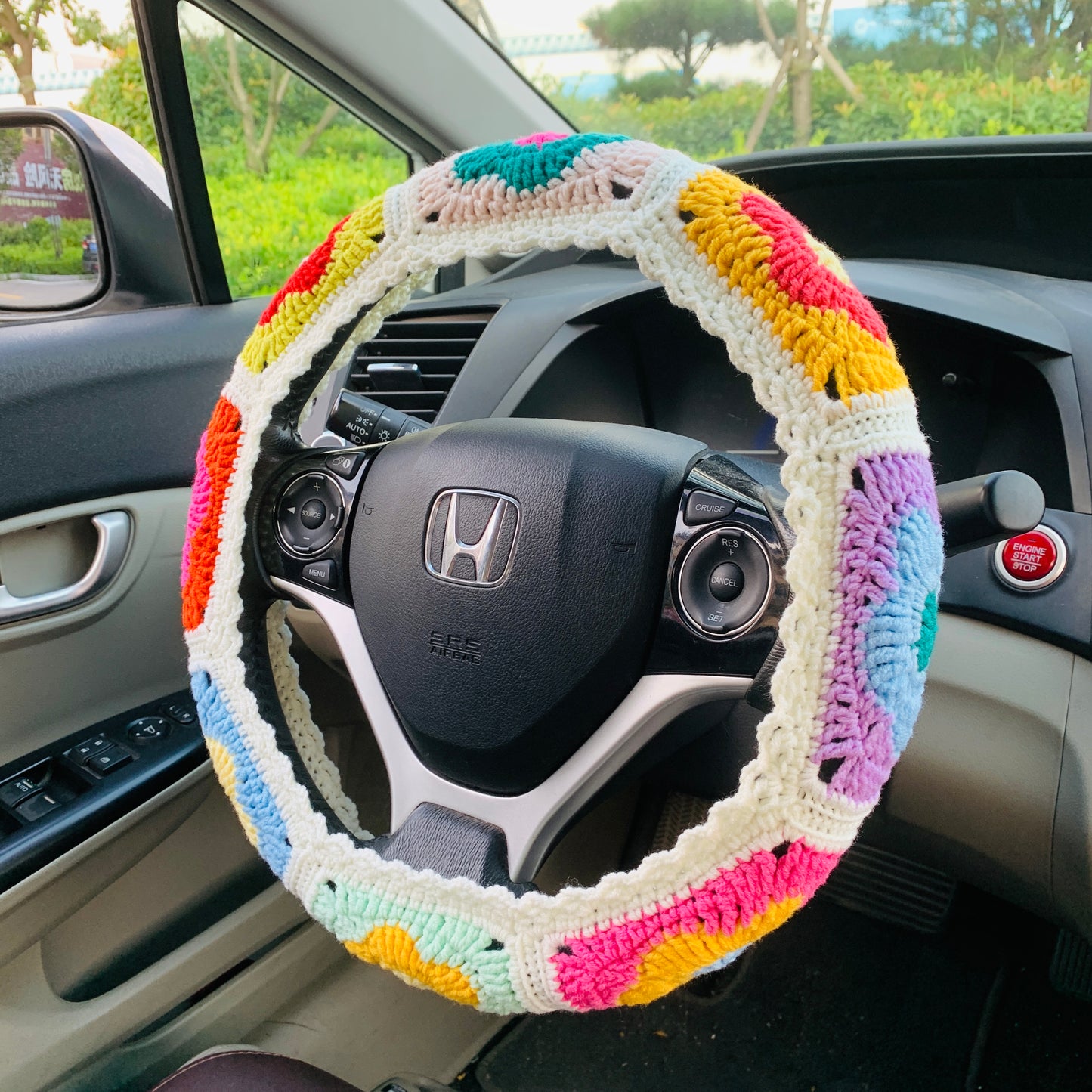 Handmade crochet Steering Wheel Cover for women, cute colorful flower seat belt Cover, Car interior Accessories decorations