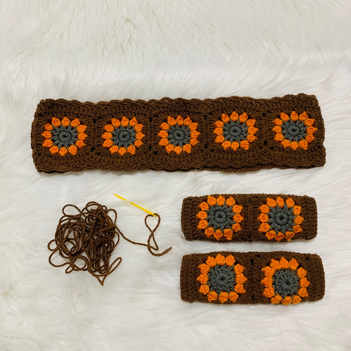 Steering Wheel Cover for women, Crochet chocolate orange flower seat belt Cover, Car Accessories decorations